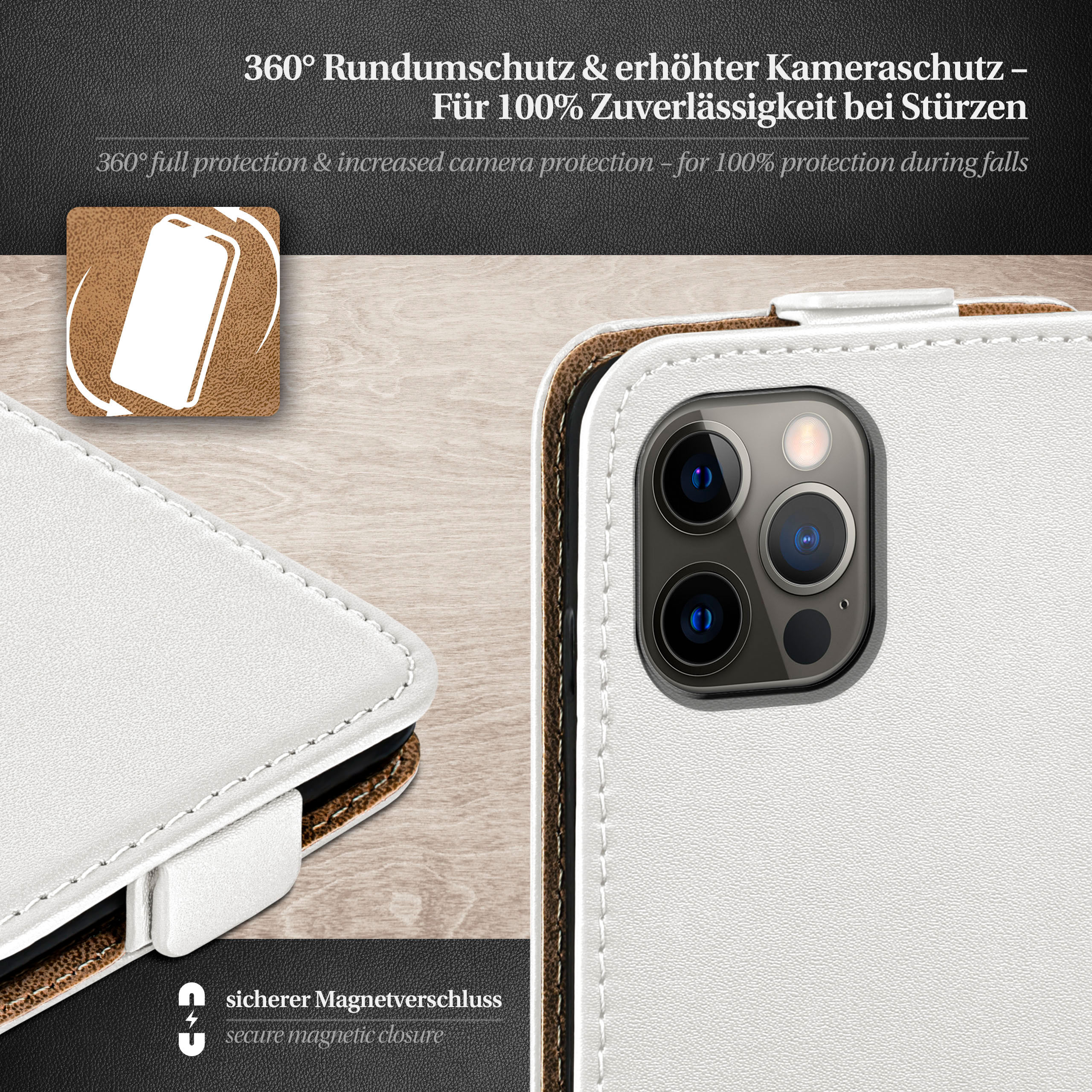 Weißes Handycase mit Telefon darin, das eine Kamera zeigt. Das Case hat braune Akzente und Nähte.