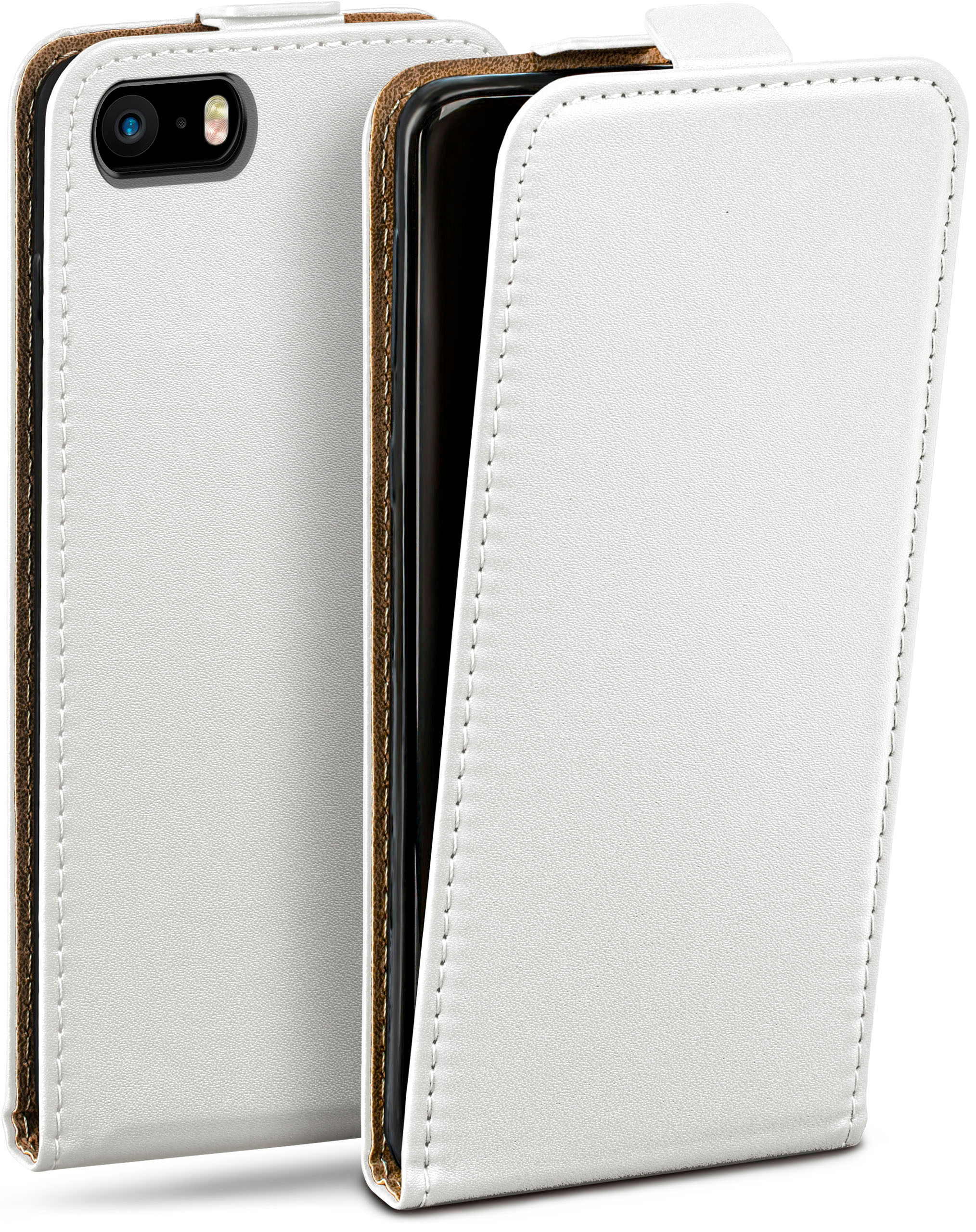 Weiße Handyhülle mit einem Telefon darin. Die Hülle ist offen und zeigt das Telefon.