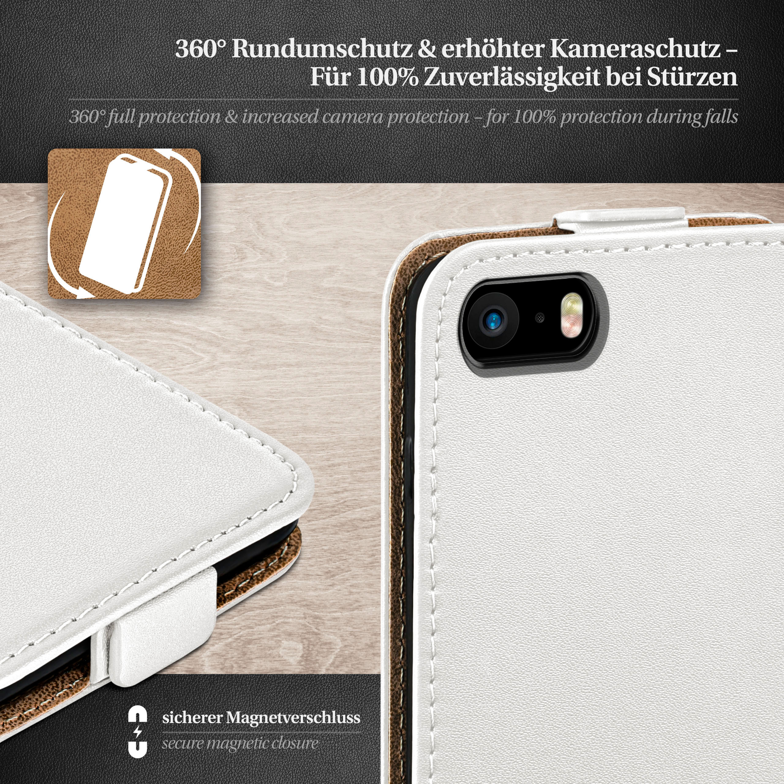 Weißes Handycase. Geöffnete Hülle mit Telefon. Nahaufnahme von Kamera und Magnetverschluss.