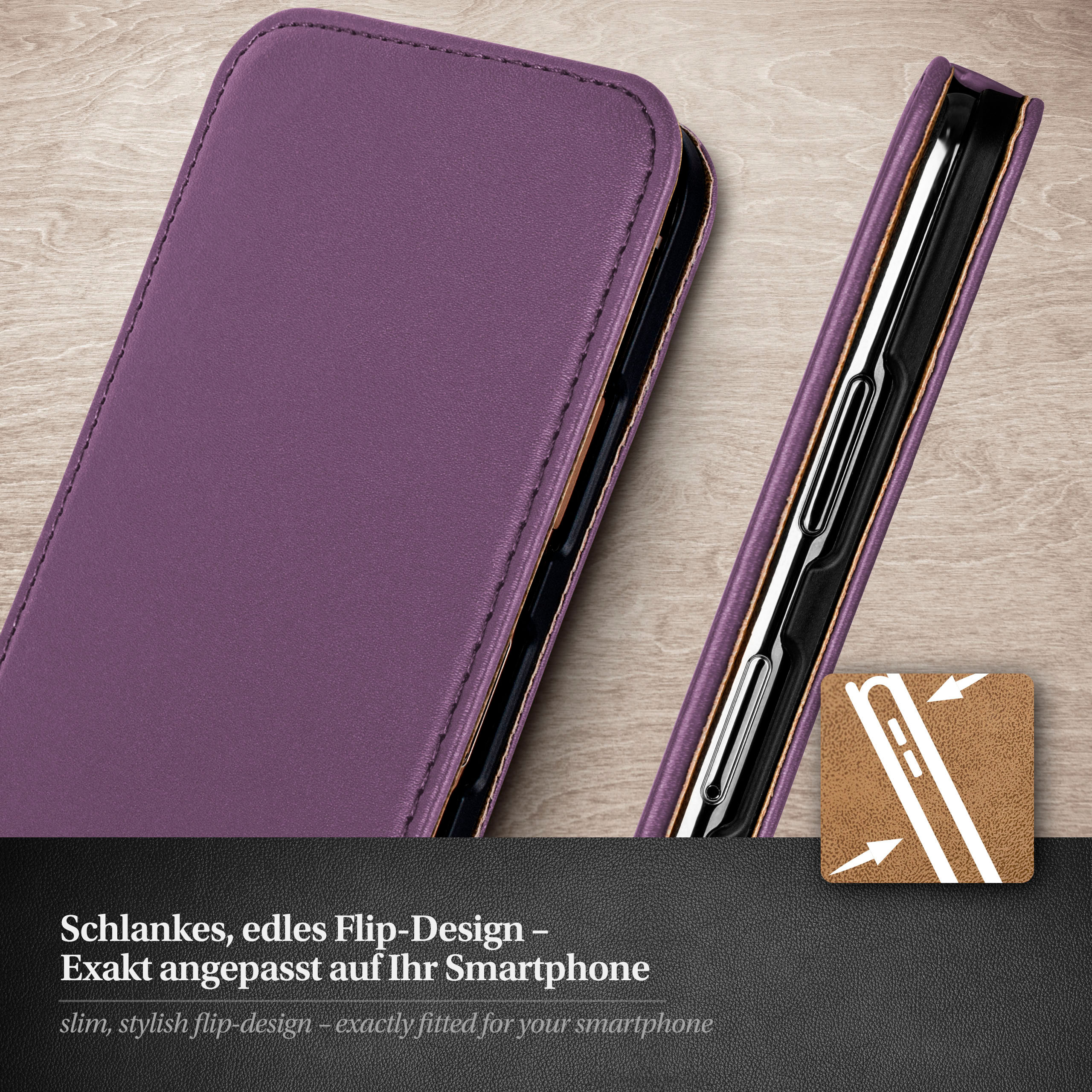 Lila Handyhülle offen, zeigt das Telefon. Fokus auf schlankes Flip-Design.