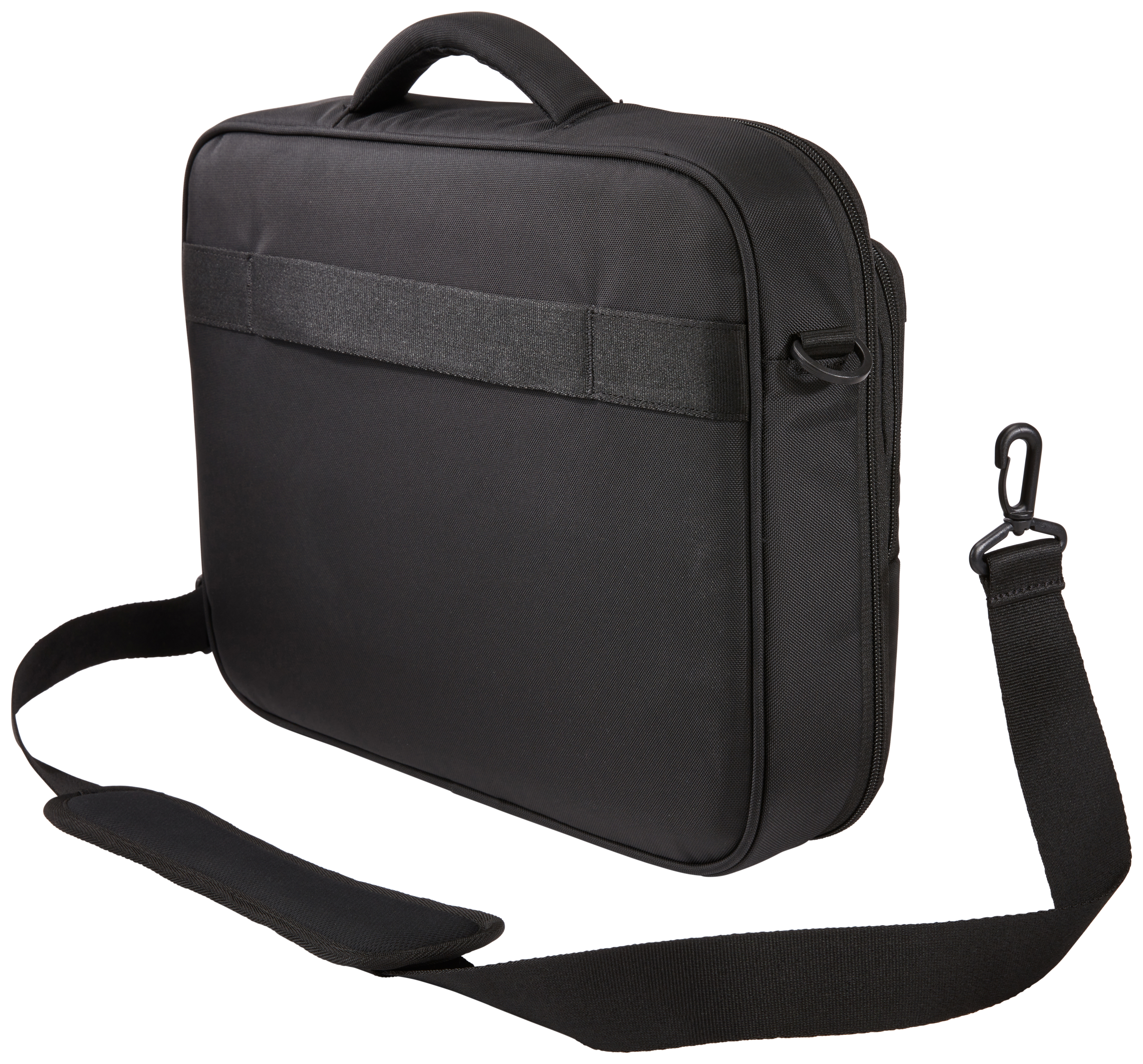 Borsa a tracolla nera con manico e tracolla. La borsa è rettangolare e ha una chiusura a zip.
