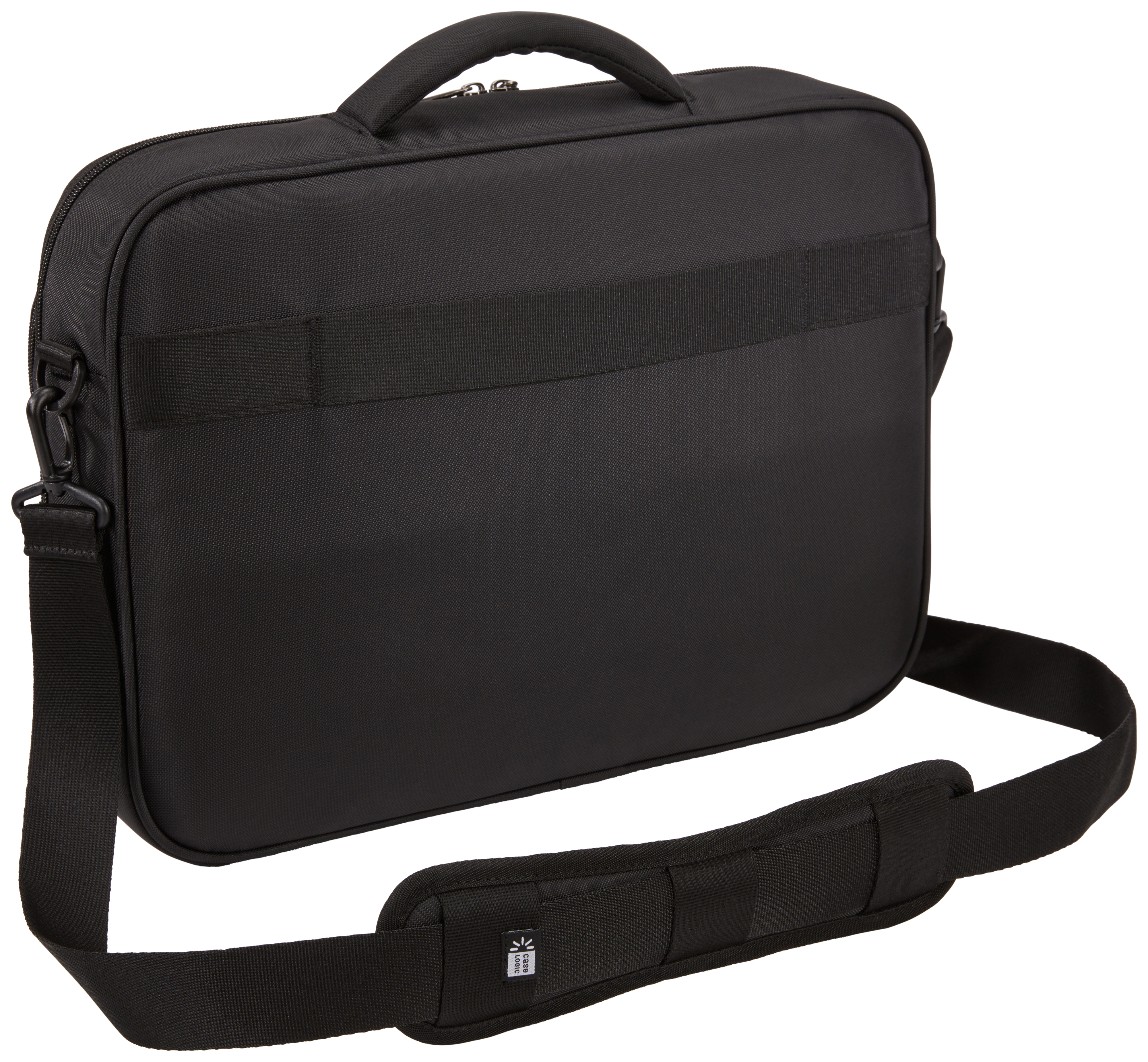 Borsa nera per laptop con manico e tracolla. Ha un logo Case Logic.
