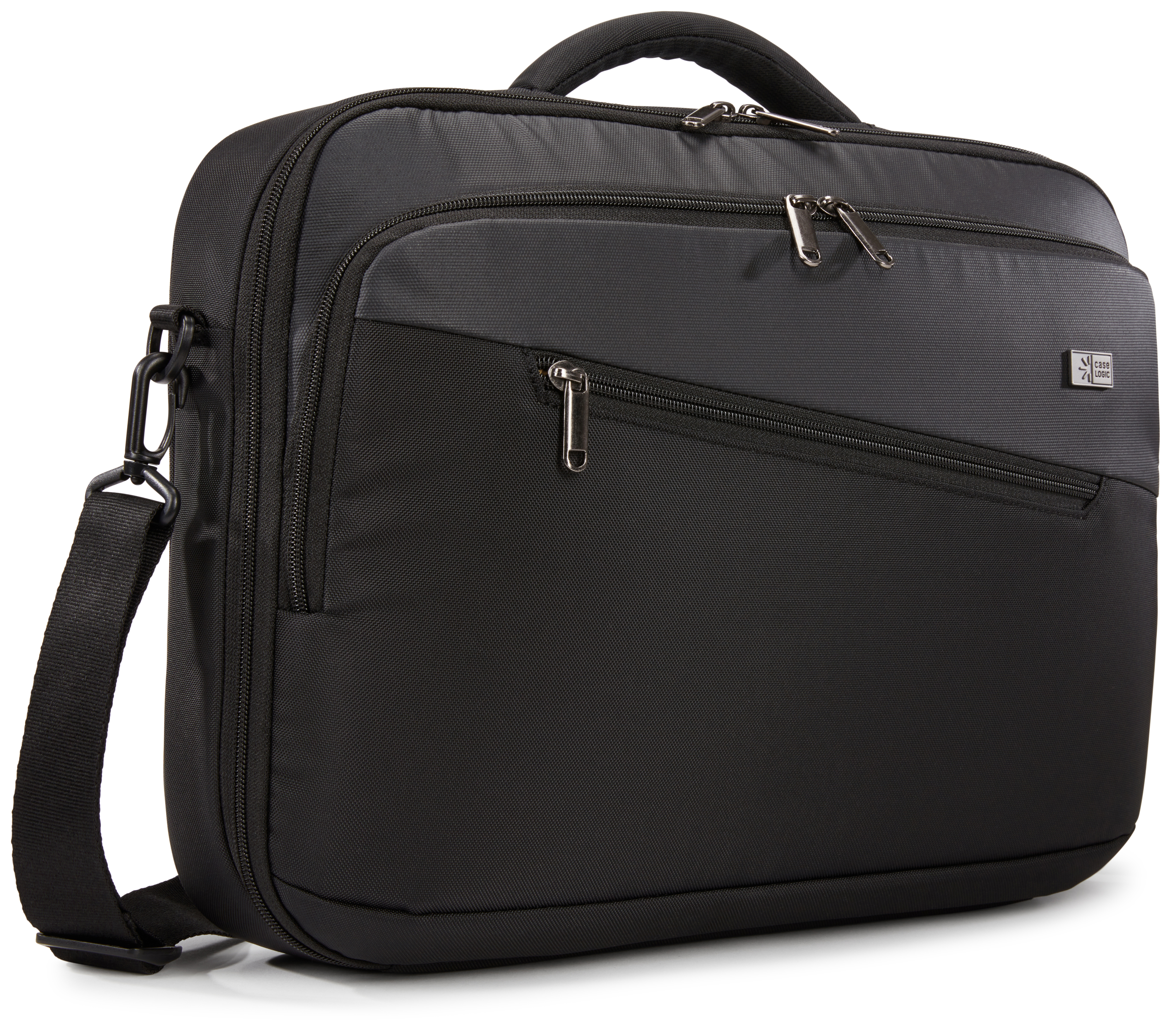 Borsa per laptop nera con cerniere e tracolla.