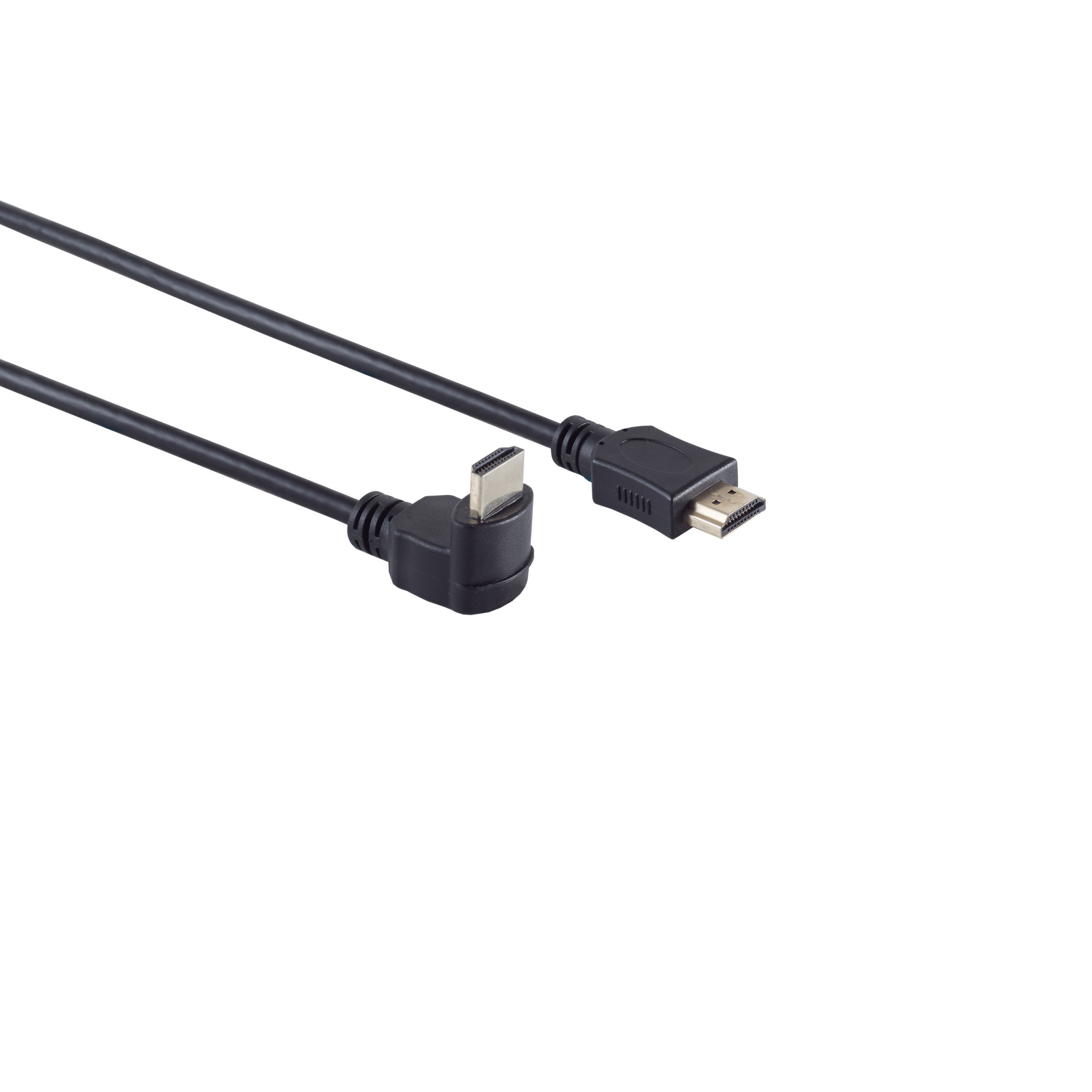 Schwarzes HDMI-Kabel mit gewinkeltem Stecker, auf weißem Hintergrund.