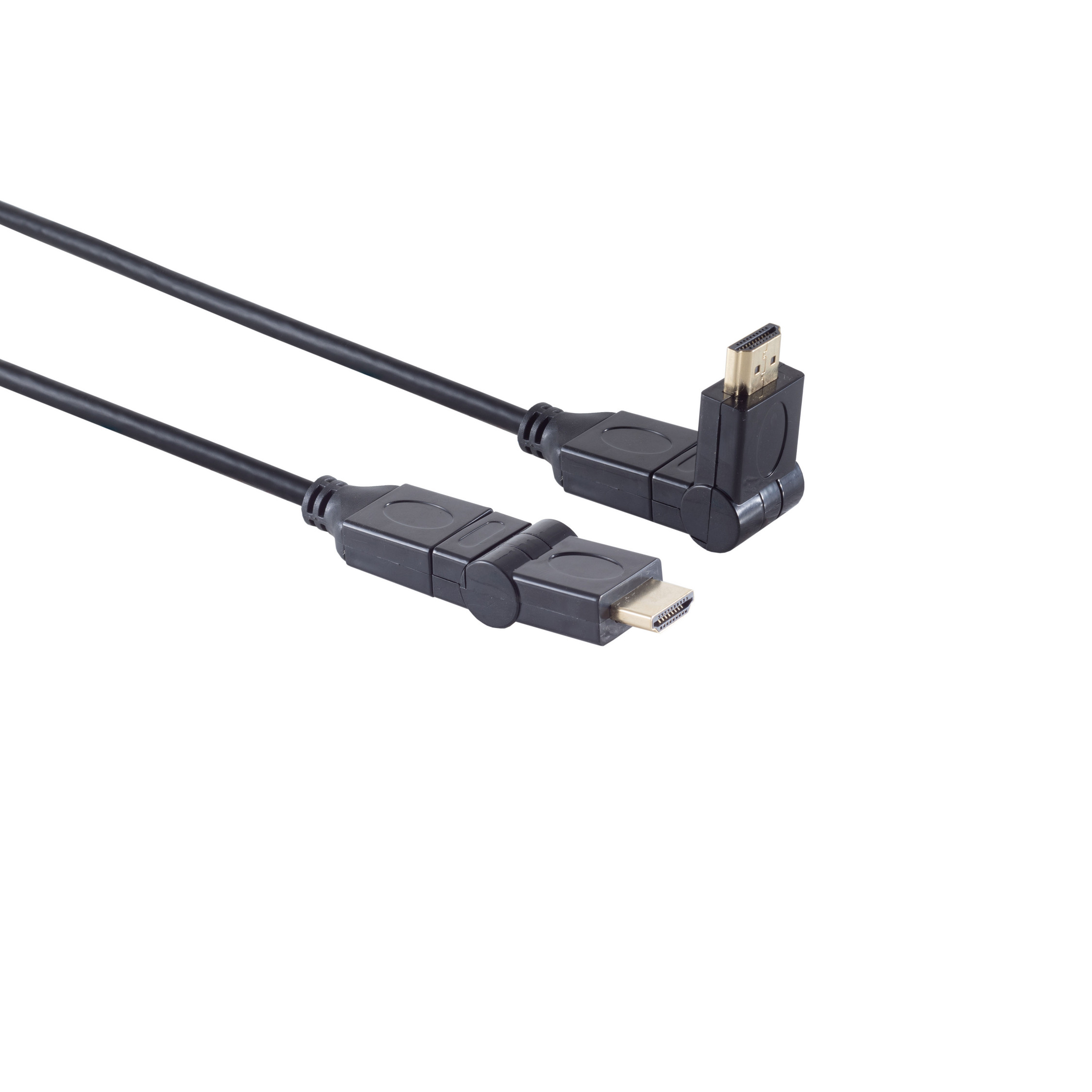 Schwarzes HDMI-Kabel mit einem Winkelstecker und einem Standardstecker. Weißer Hintergrund.
