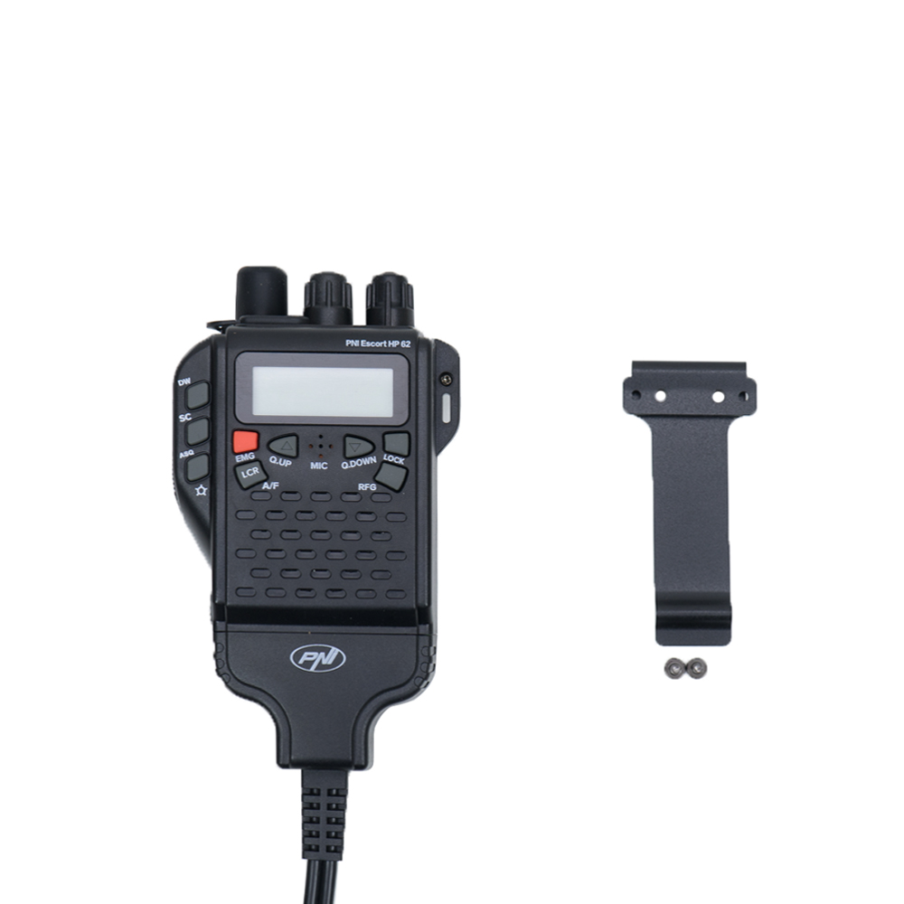Schwarzer Funktransceiver mit Knöpfen und Kabel, mit einer Halterung.