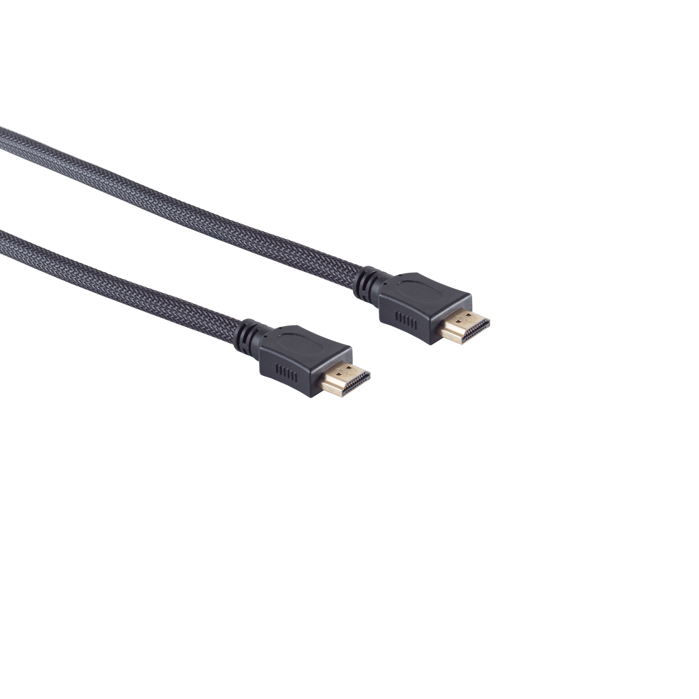 Zwei schwarze HDMI-Kabel mit goldenen Anschlüssen vor weißem Hintergrund.