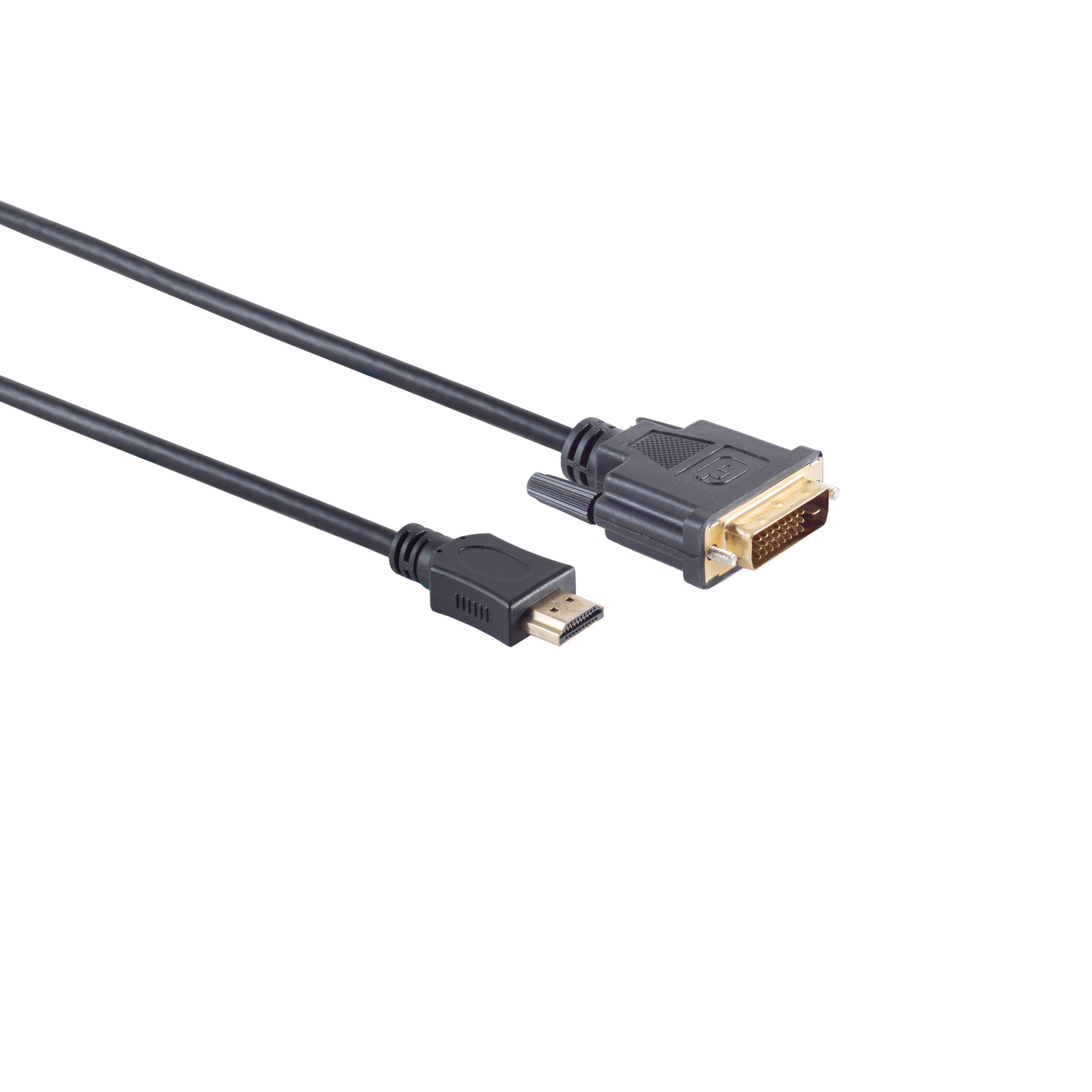 Schwarzes Kabel mit einem HDMI-Anschluss und einem DVI-Anschluss, weißer Hintergrund.