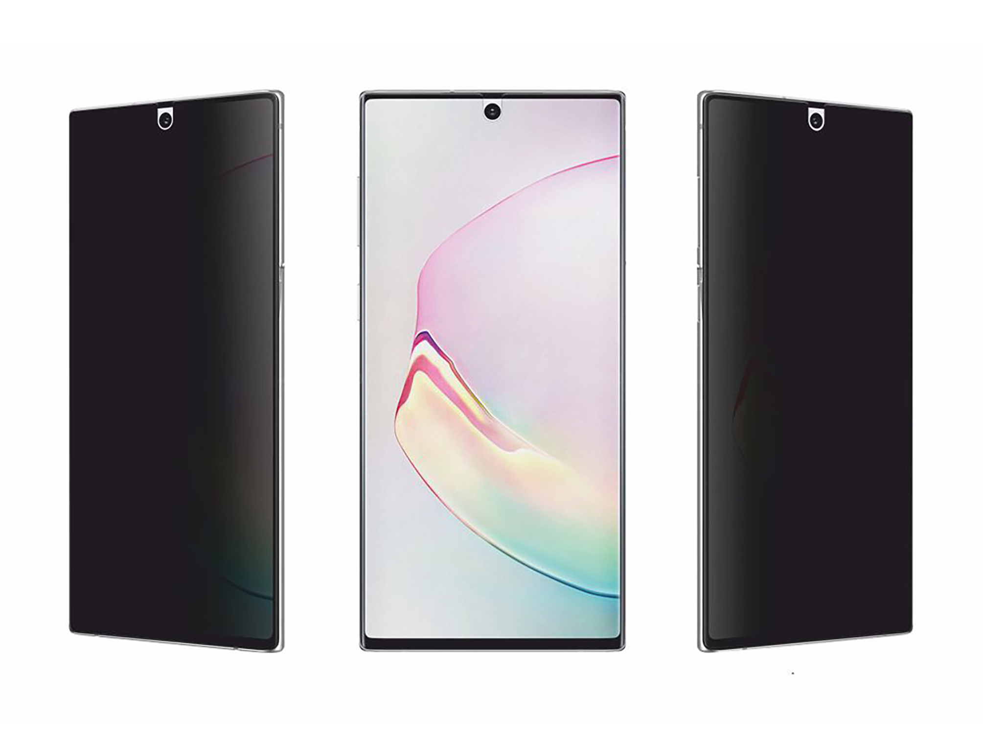 Drei Smartphone-Bildschirme, alle zeigen dunkle Bildschirme mit Kameraloch.