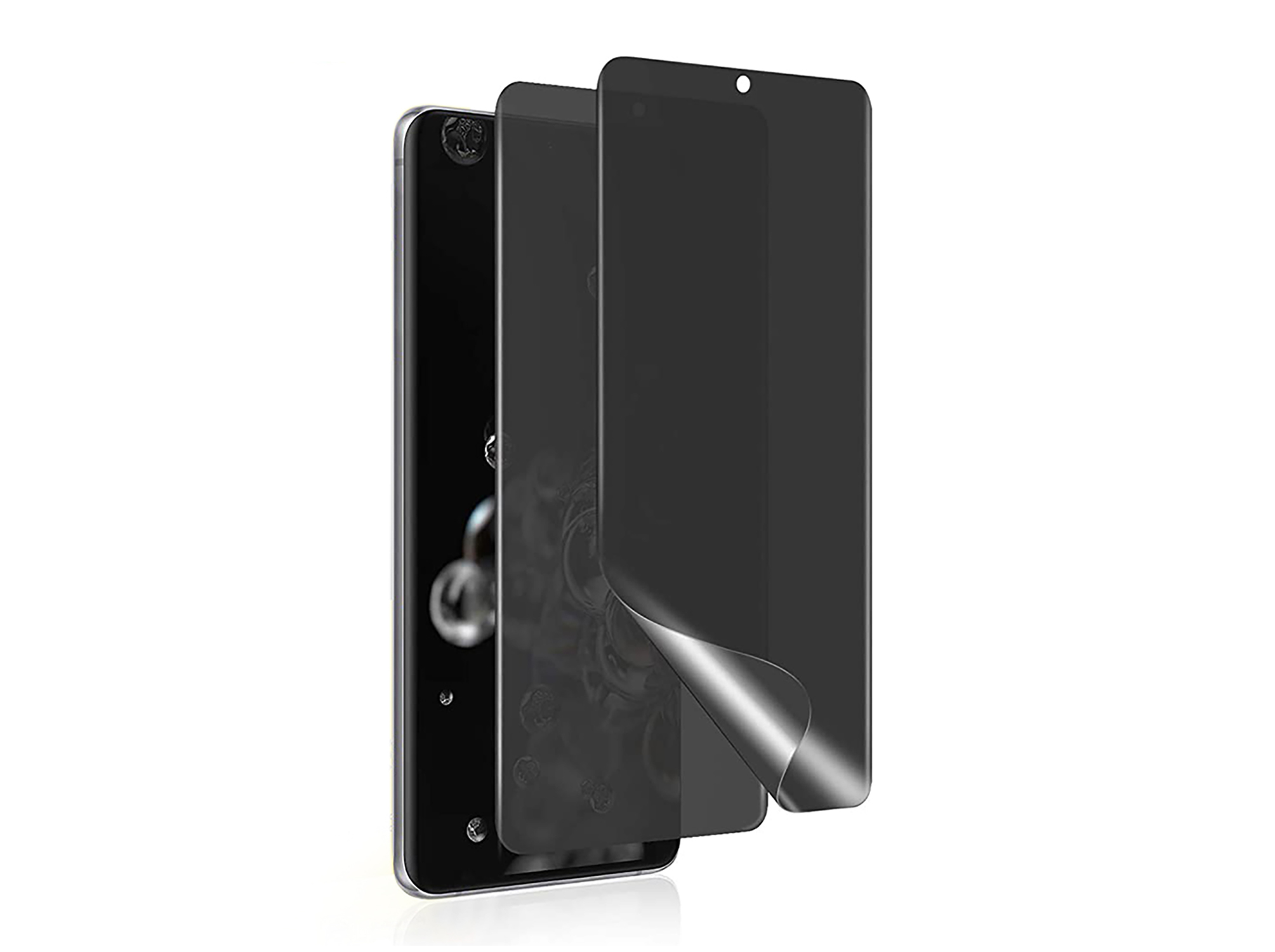 Drei Displayschutzfolien auf einem Telefon, mit schwarzer Tönung, weißer Hintergrund.