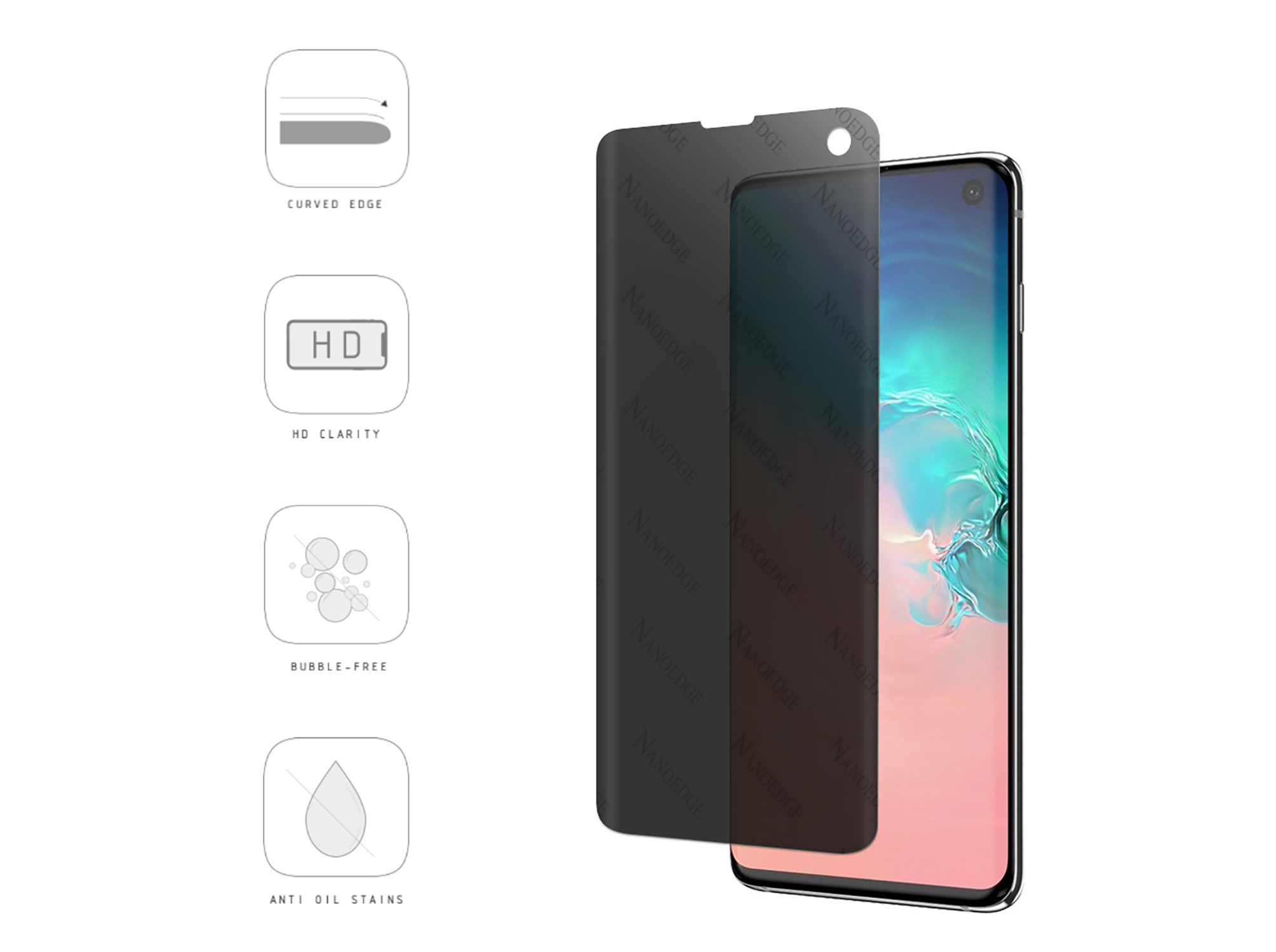 Ein Displayschutz mit einem Telefon. Er hat eine gebogene Kante und ist blasenfrei.