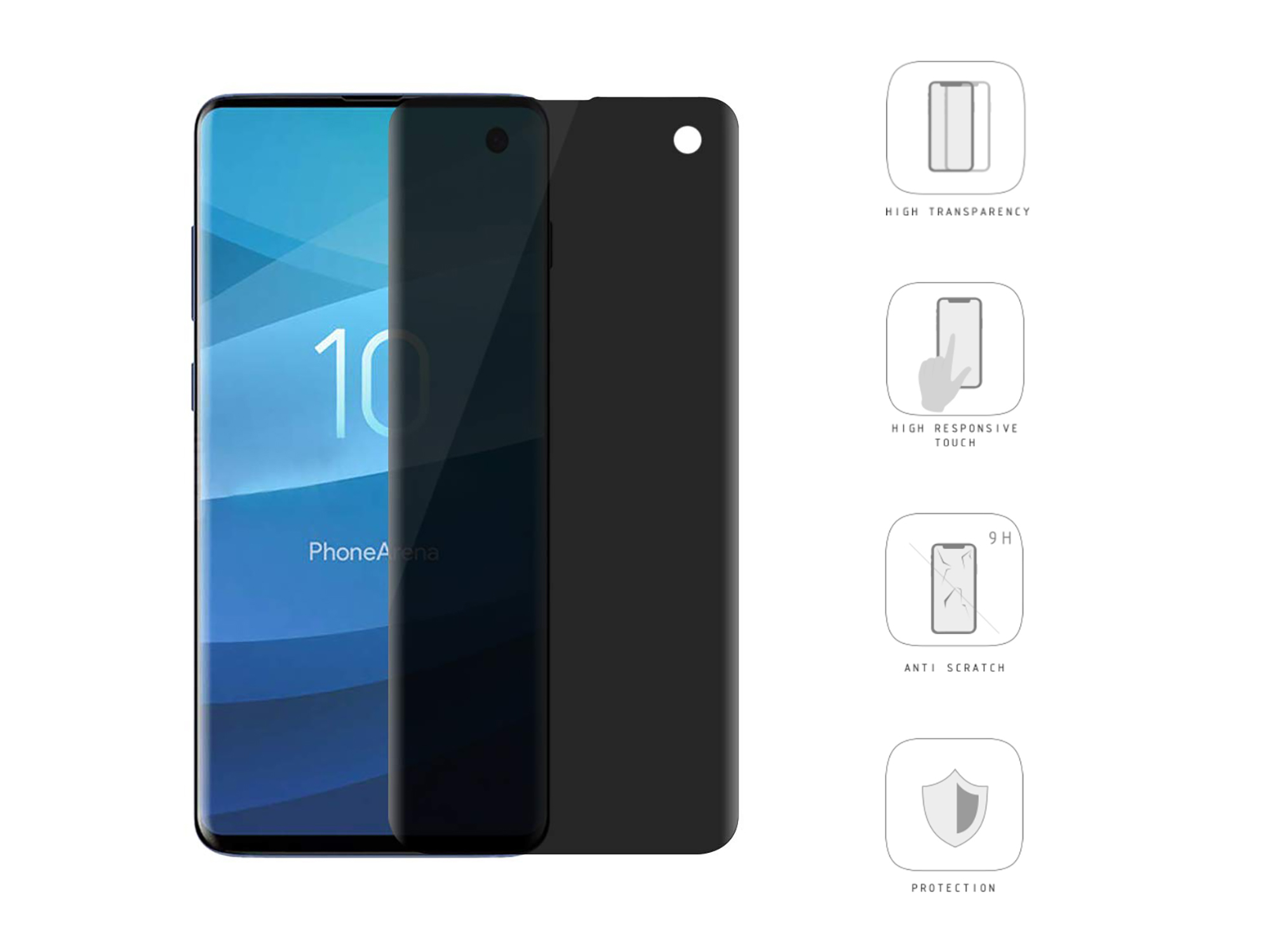 Smartphone mit Displayschutz, schwarz und transparent. Weißer Hintergrund.