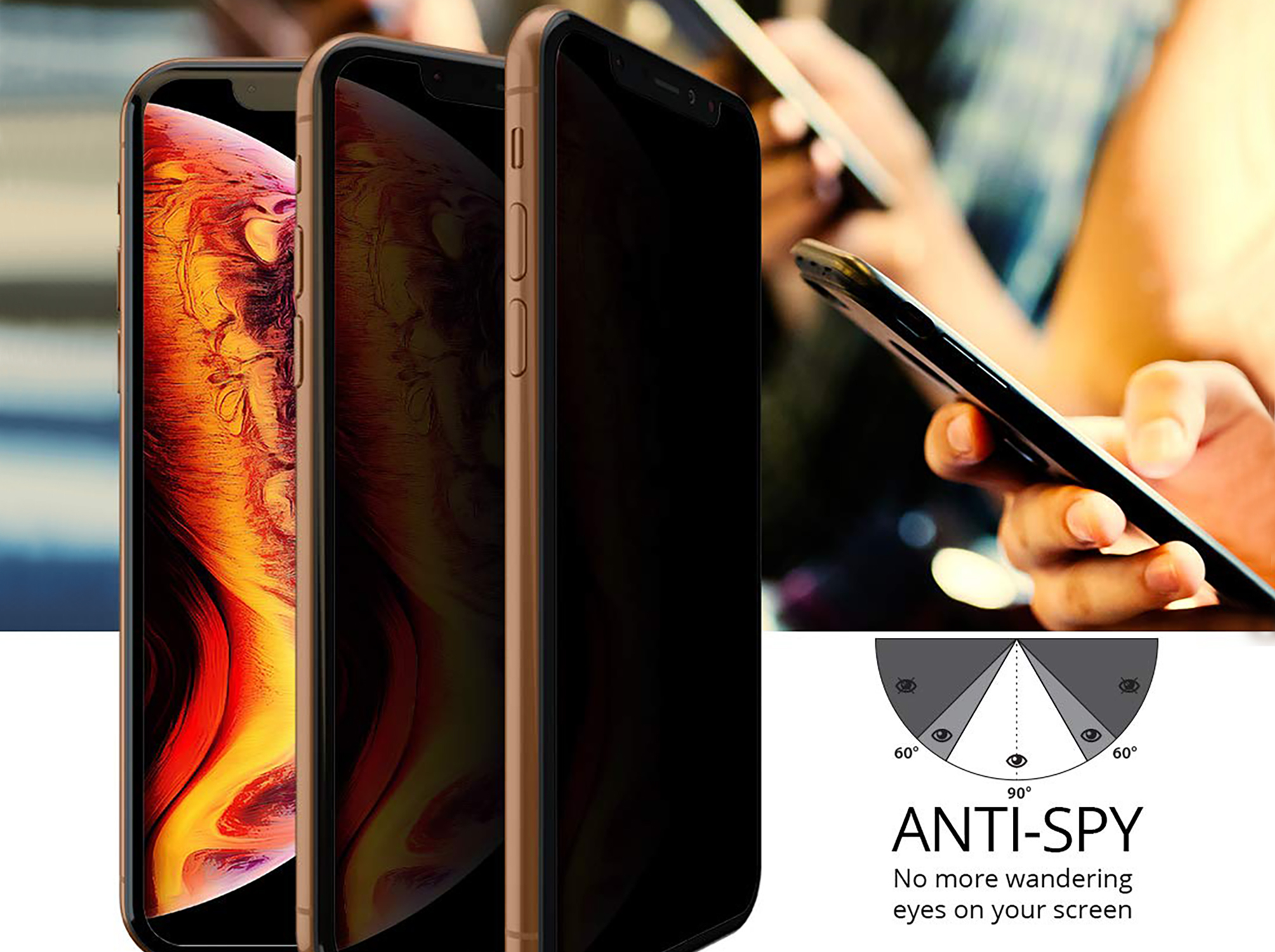 Drei Smartphones mit verschiedenen Bildschirmen. Anti-Spionage-Grafik zeigt Blickwinkel rechts.