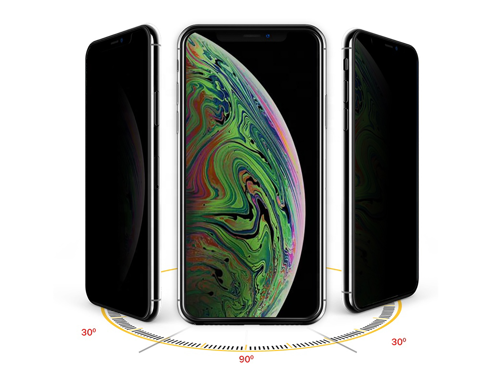 Drei iPhones sind abgewinkelt, um den Bildschirm anzuzeigen. Das mittlere Telefon zeigt ein erdartiges Bild mit Gradanzeigen.