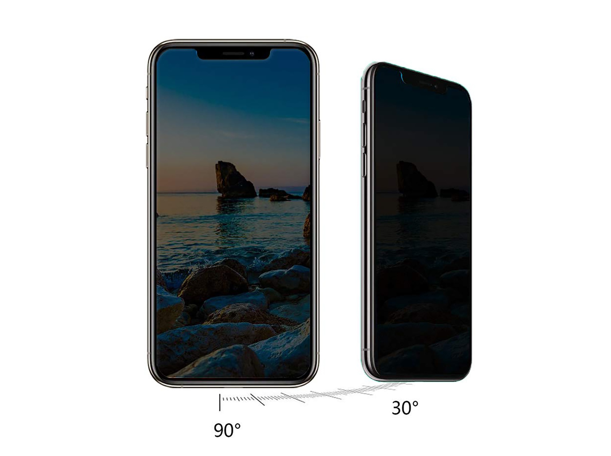 Zwei Telefone nebeneinander. Ein Telefon steht im 90-Grad-Winkel, das andere im 30-Grad-Winkel. Beide Bildschirme haben eine Landschaft.