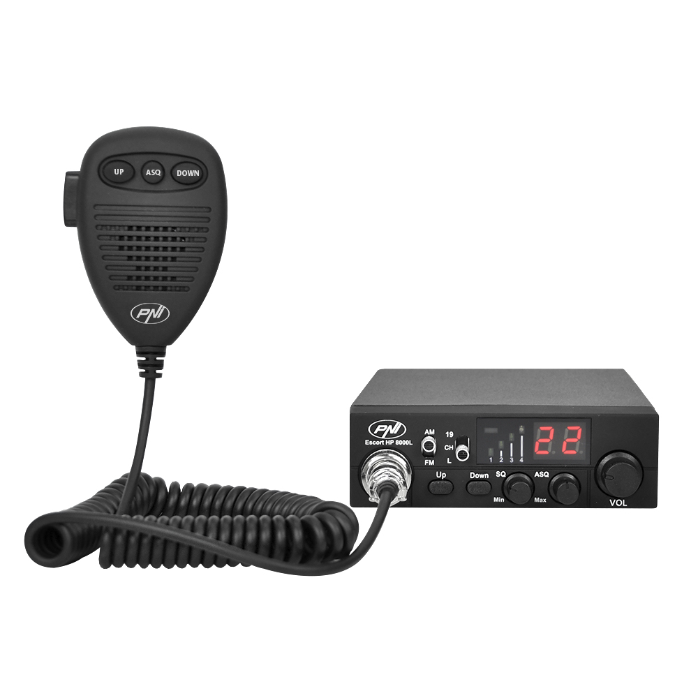 CB-Funkgerät mit Mikrofon. Das Radio hat ein digitales Display mit der Anzeige '22'.
