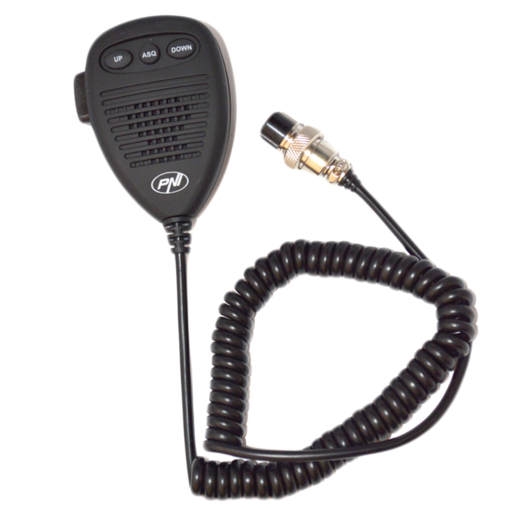 Ein schwarzes CB-Funkmikrofon mit Spiralkabel und Stecker.