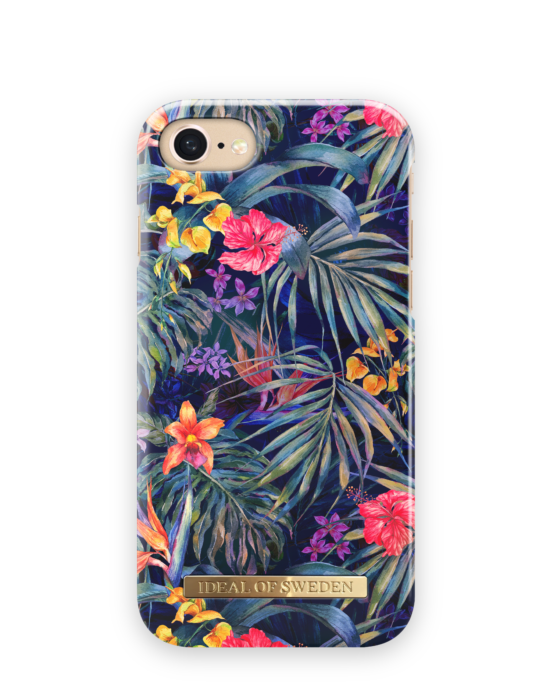 Custodia per telefono con motivo floreale con fiori rossi e gialli, sfondo nero.