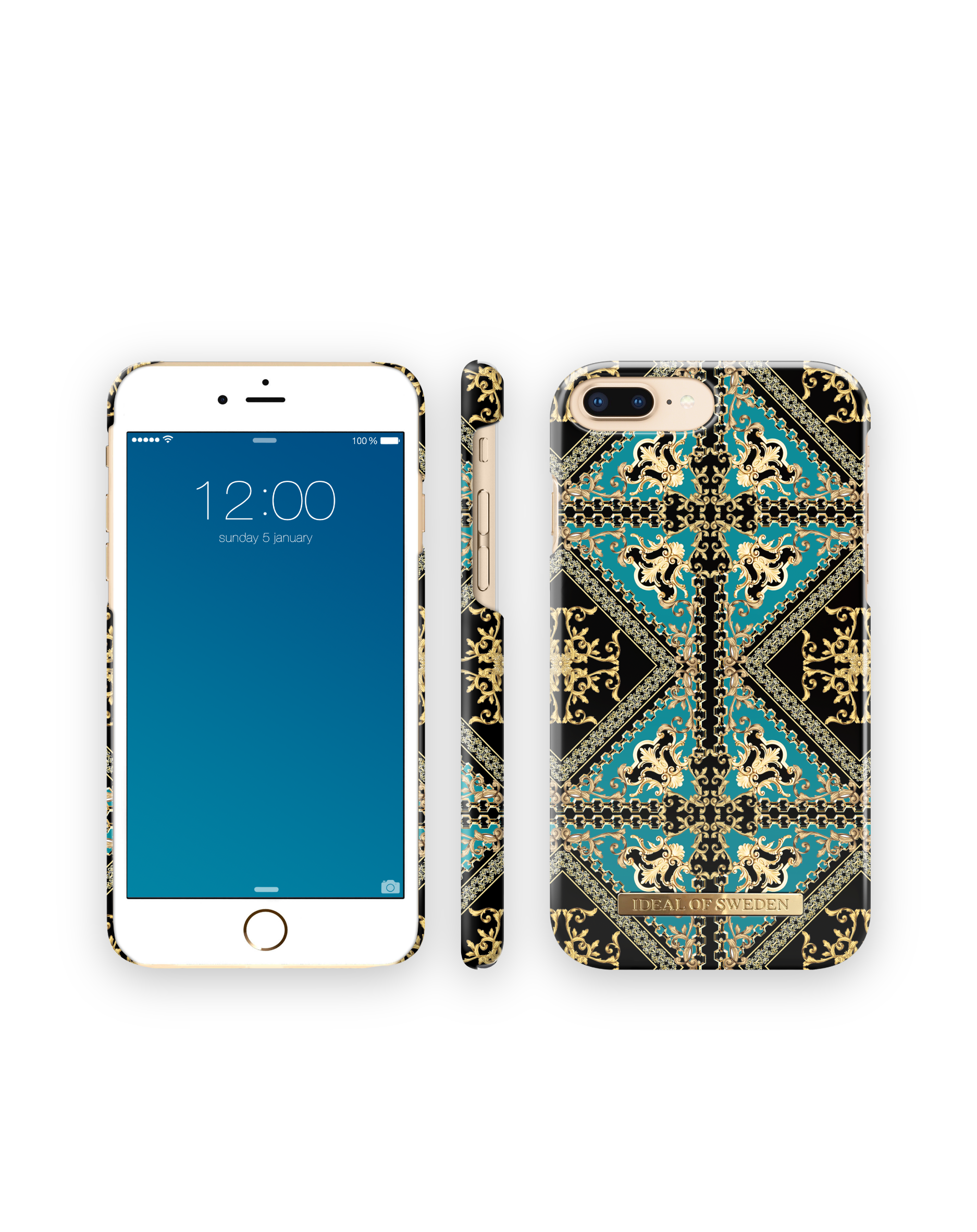 Telefon und Hülle. Das Telefon ist weiß, die Hülle hat ein blaues und goldenes Muster.