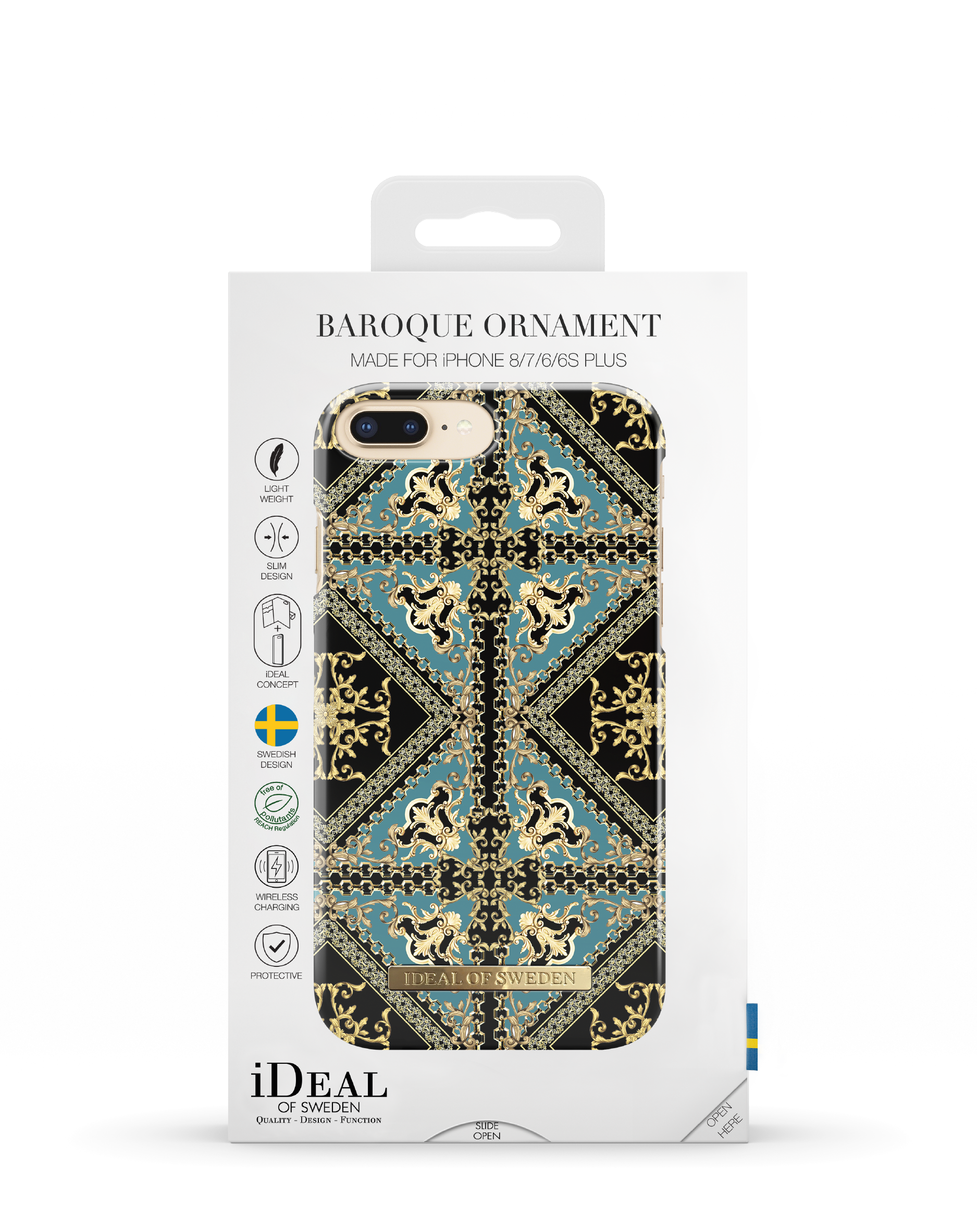 Handyhülle in einer Schachtel mit Barockdesign. Die Hülle hat ein Gold- und Türkismuster.