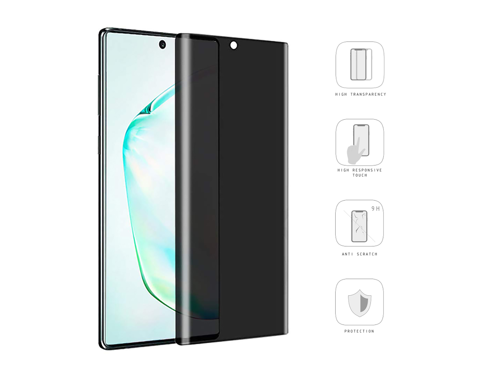 Ein Telefonbildschirm und ein schwarzer Bildschirmschutz mit Symbolen für hohe Transparenz und Berührung.