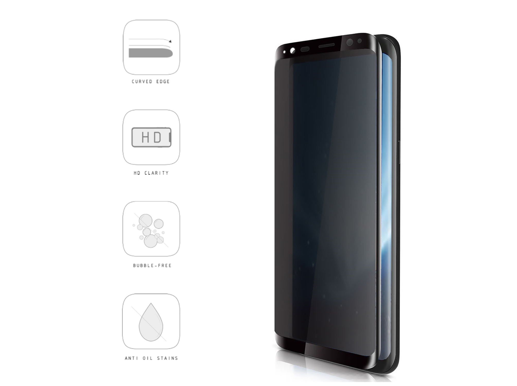 Schwarzer Displayschutz auf Telefon mit Symbolen links.