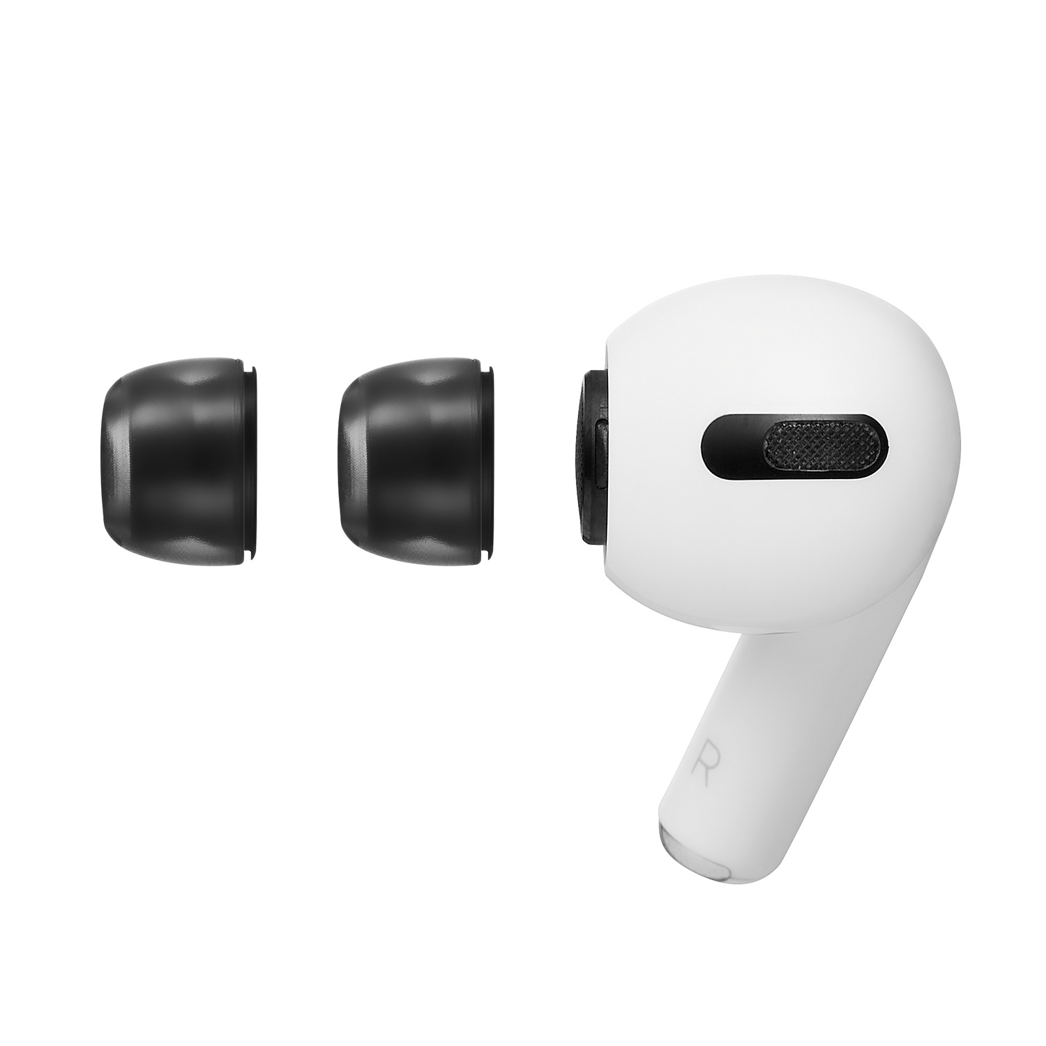 Weißes AirPod Pro mit Ohrstöpseln und separaten Ohrhörerspitzen auf weißem Hintergrund.