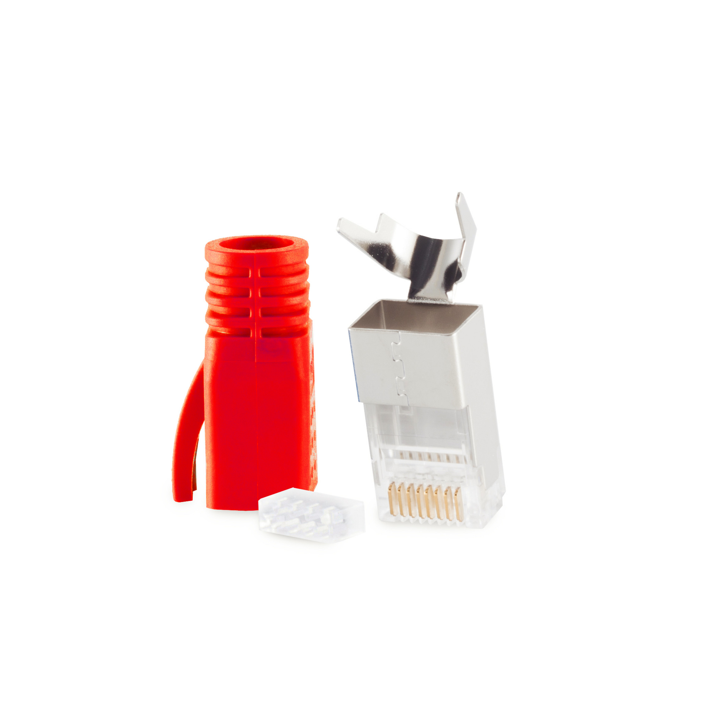 Rote und silberne RJ45-Steckverbinderkomponenten auf Weiß. Roter Stiefel, silberner Stecker, klarer Einsatz.
