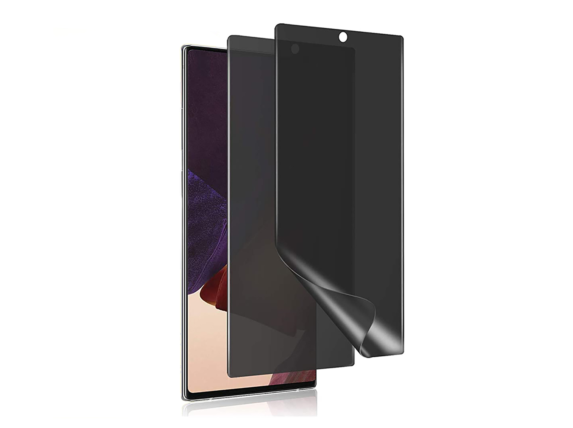 Ein Smartphone mit Displayschutzfolien; eine wird abgezogen.