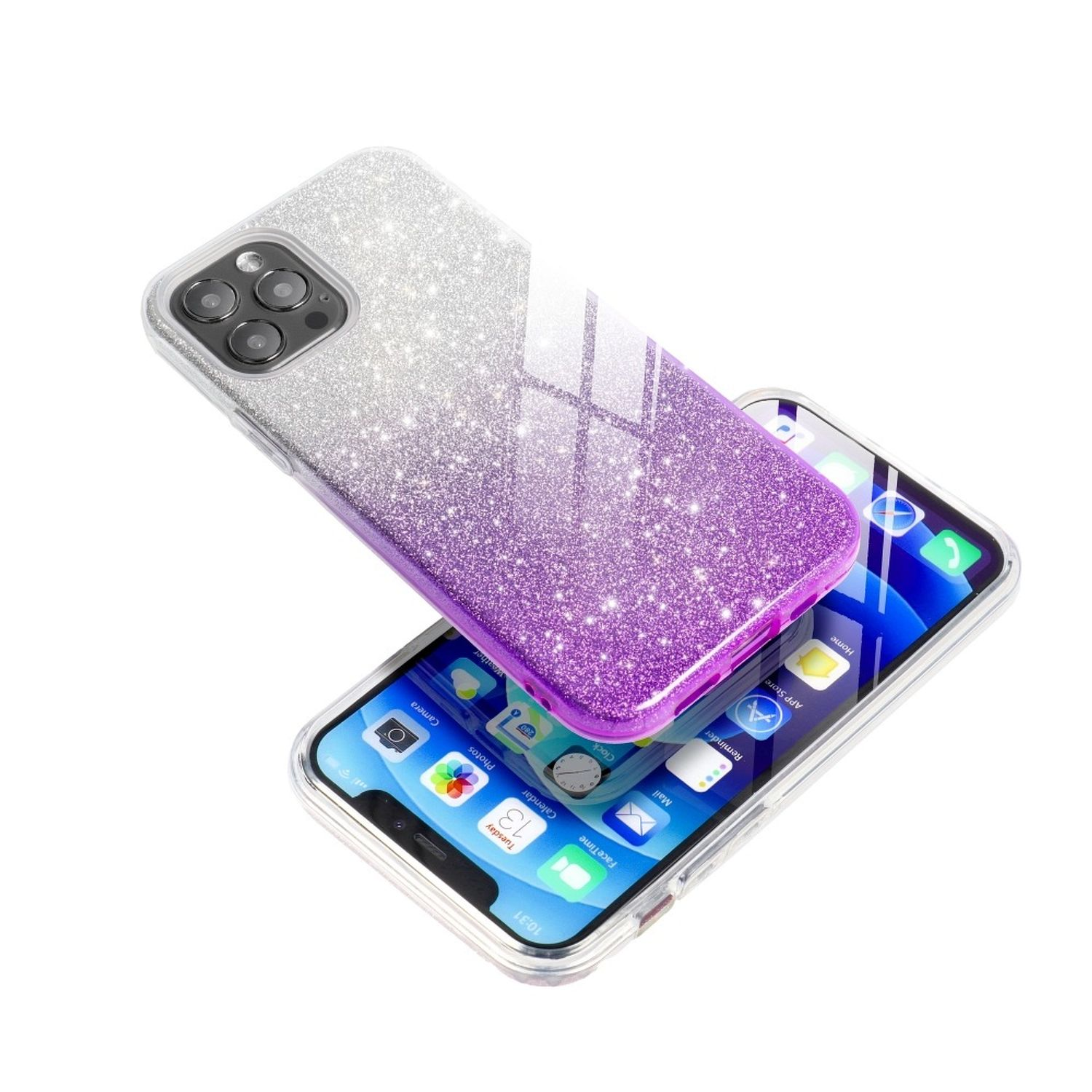 Lila Glitzer-Handyhülle auf einem Telefon. Das Telefon zeigt eine Kalender-App.