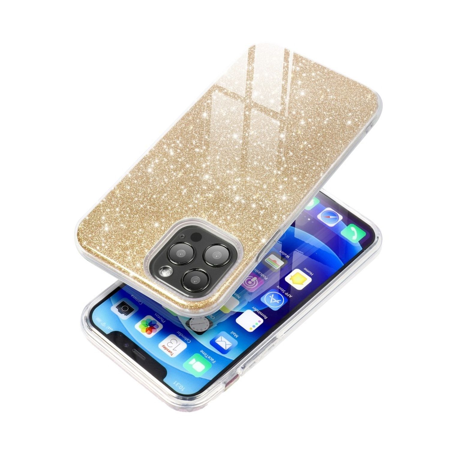 Ein Telefon mit Glitzerhülle, das den Bildschirm mit Apps und eine transparente Abdeckung zeigt.