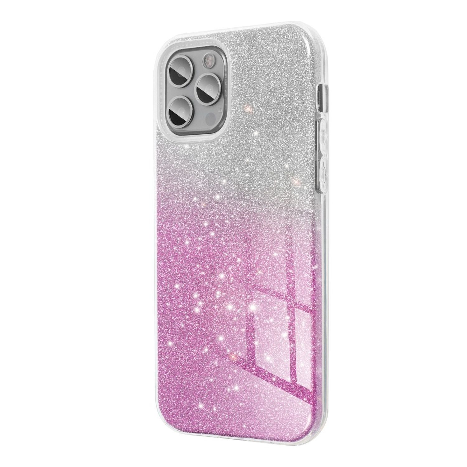 Eine Handyhülle mit einem glitzernden Gradienten-Design. Die Farben sind Silber und Pink.
