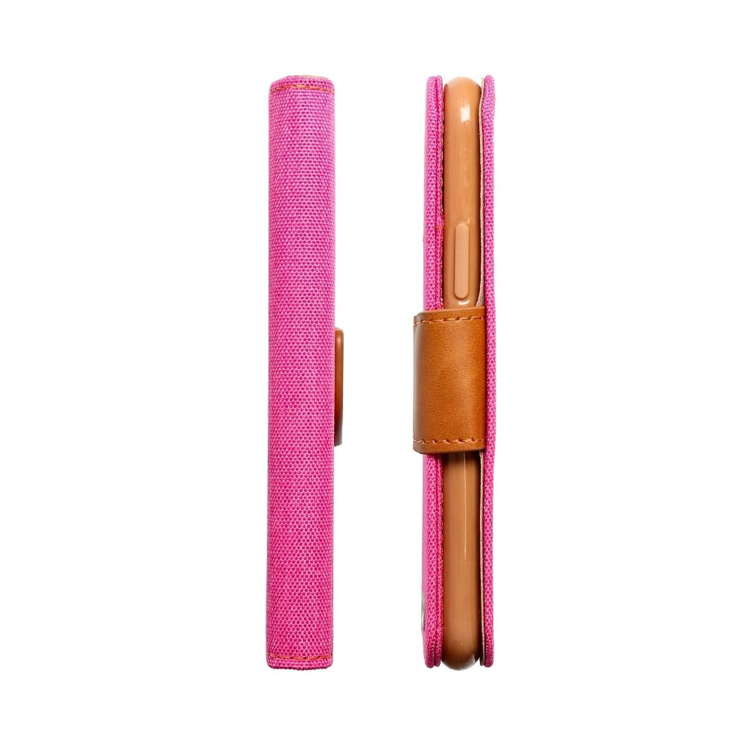 Pinkfarbene Handyhülle, offen und geschlossen. Die Hülle ist pink mit braunem Lederverschluss.