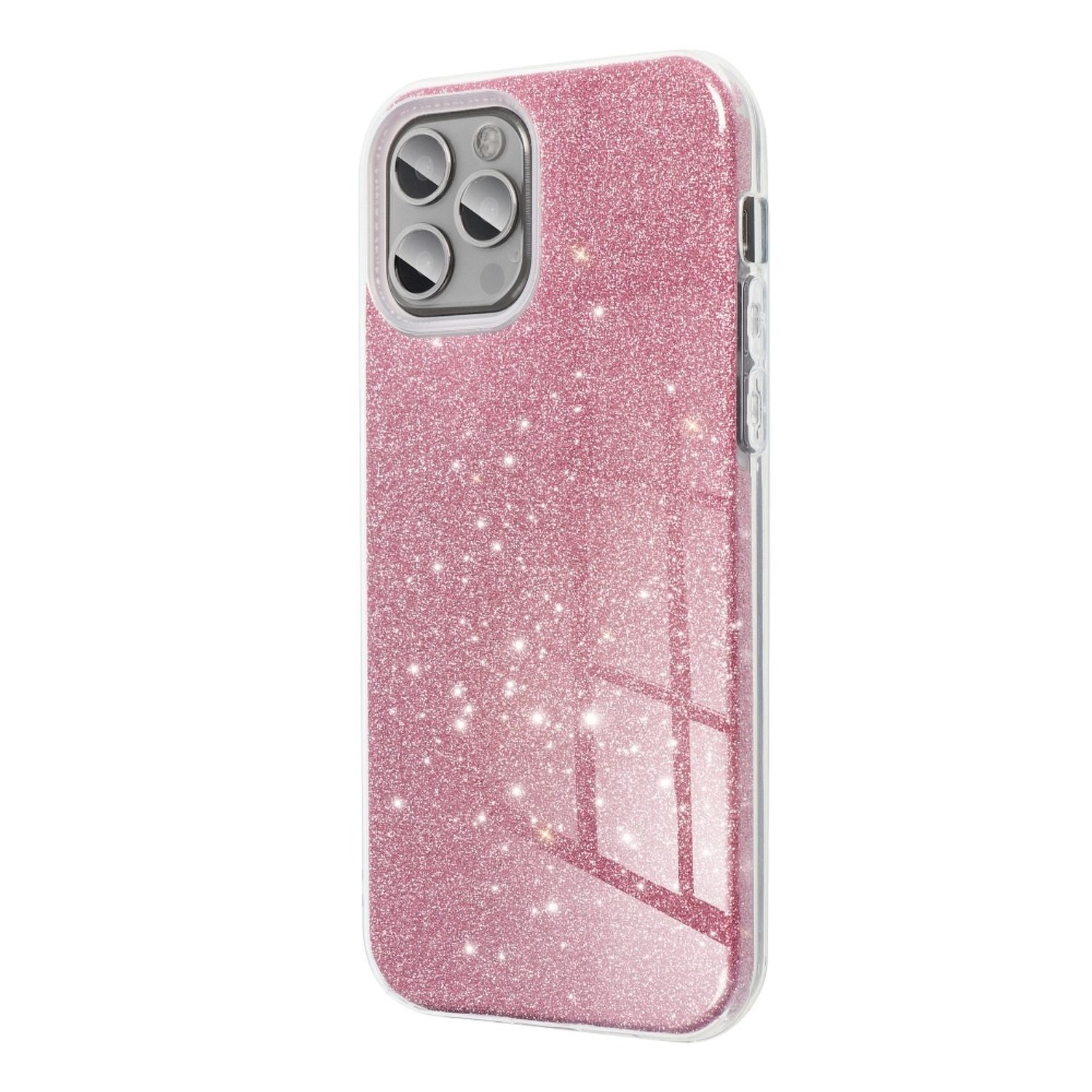 Pinke Glitzer-Handyhülle mit sichtbaren Kameralinsen, auf weißem Hintergrund.