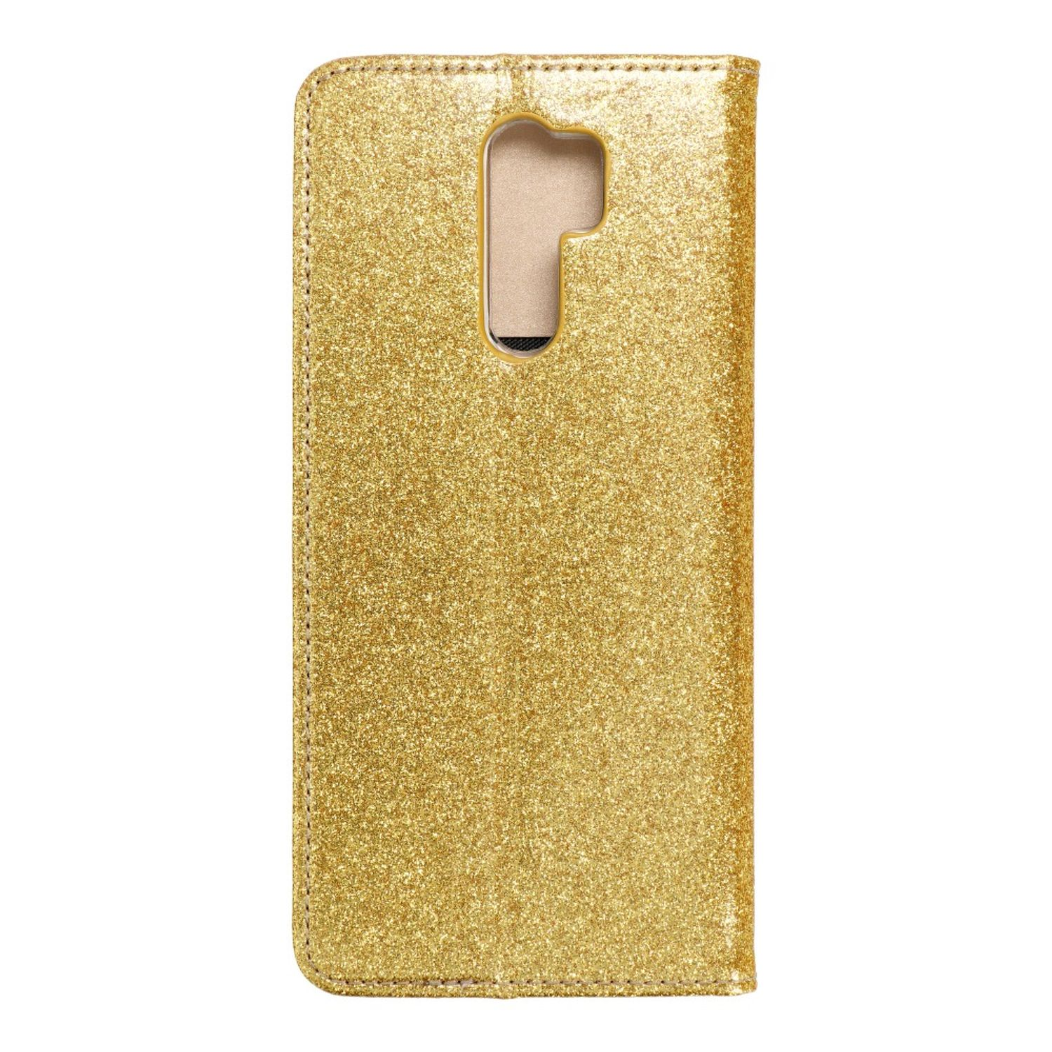 Eine goldfarbene Glitzer-Handyhülle. Die Abdeckung hat einen großen Ausschnitt für die Kamera.