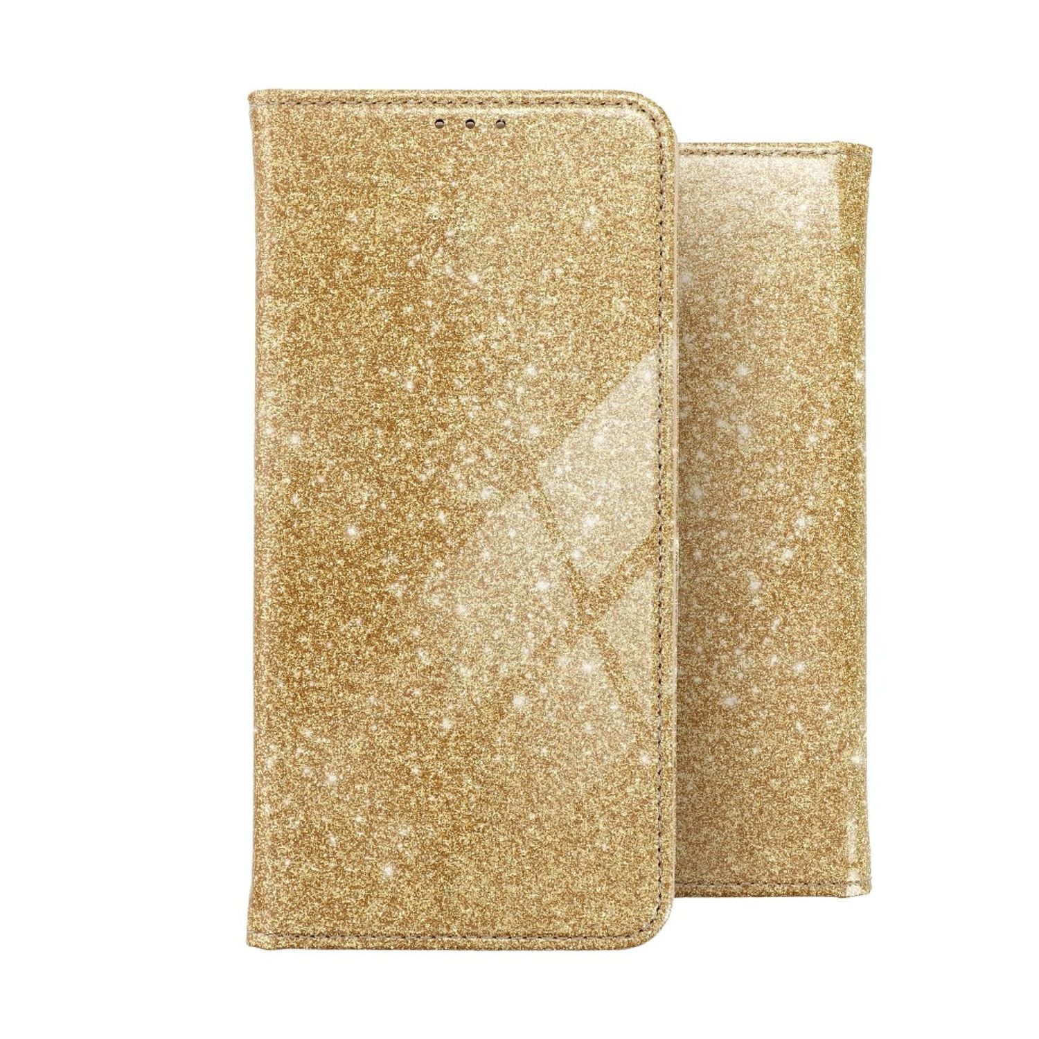 Goldene Glitzer-Handyhülle, offen, auf weißem Hintergrund.