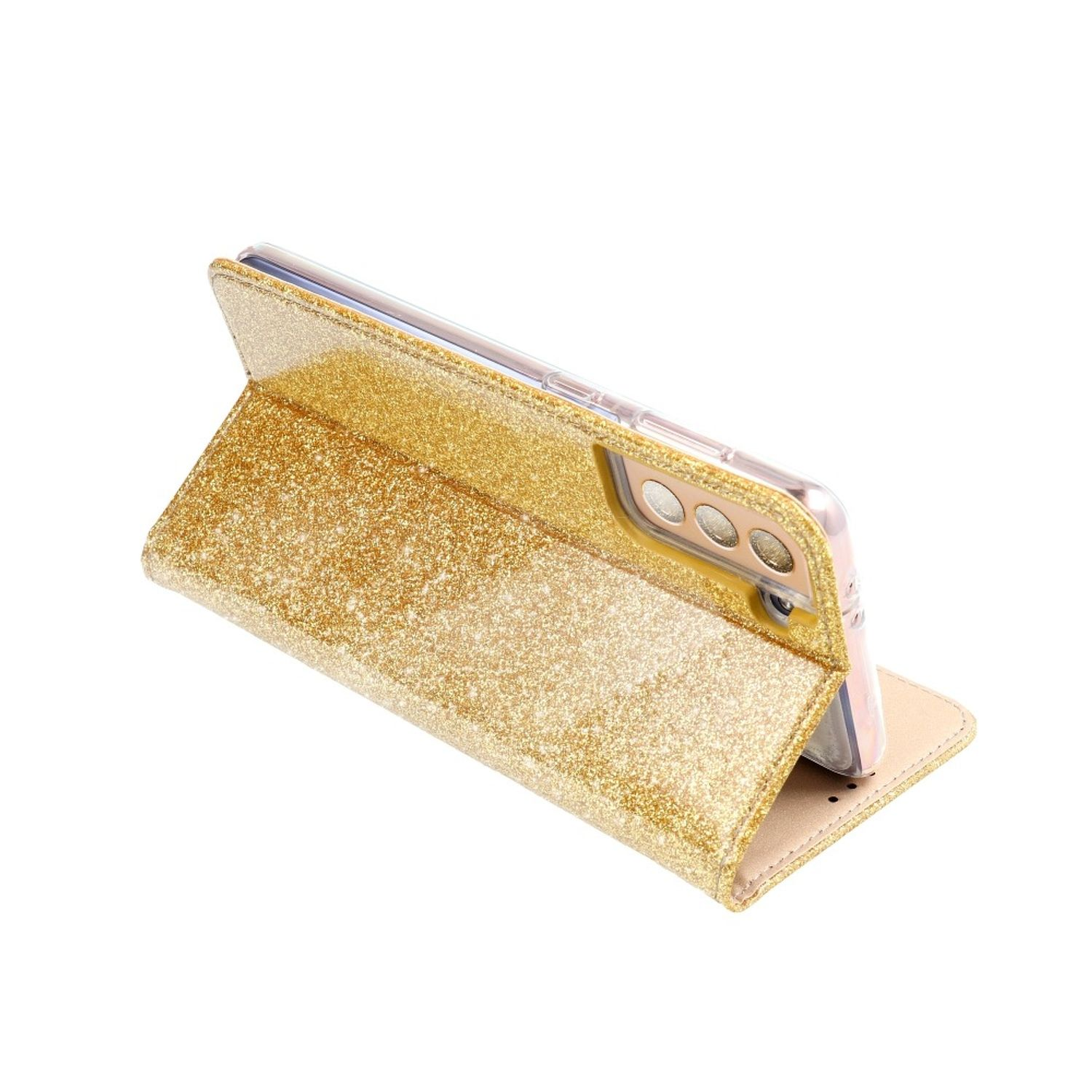 Eine goldene Glitzer-Handyhülle, offen stehend, mit einem Telefon darin. Weißer Hintergrund.