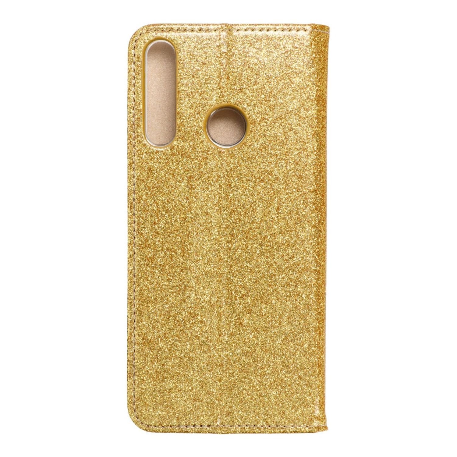 Goldene Glitzer-Handyhülle, geschlossen. Hat ein Loch für die Kamera. Weißer Hintergrund.