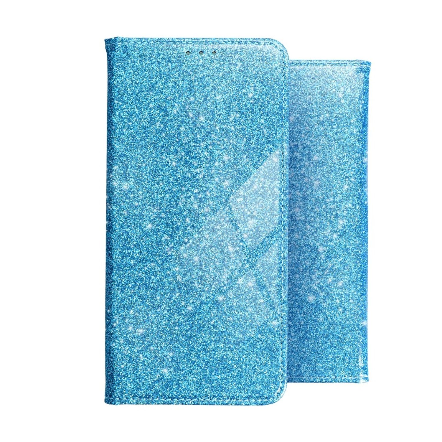 Eine blaue, glitzernde Handyhülle. Weißer Hintergrund. Sie ist geschlossen.