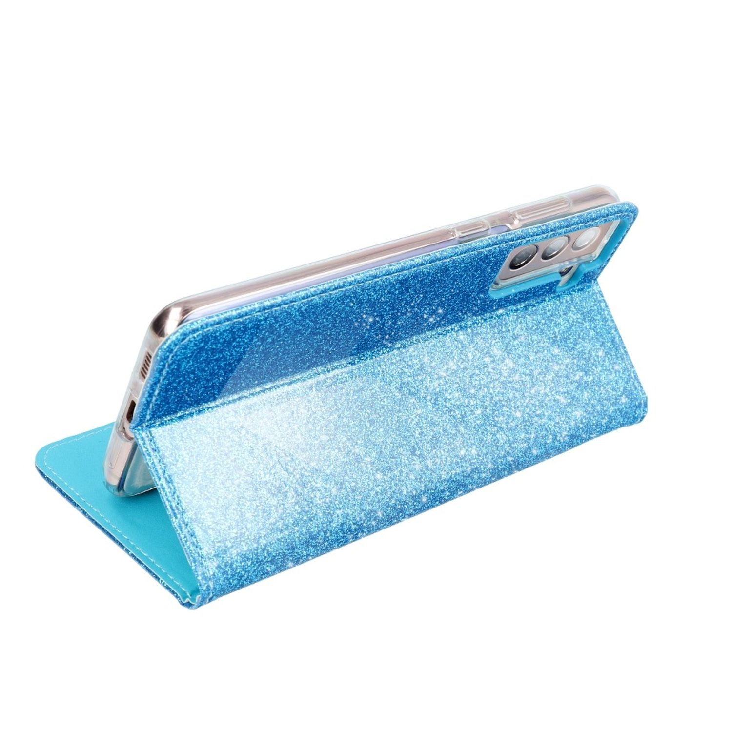 Eine blaue glitzernde Handyhülle, aufgeklappt, das Telefon innen zeigend.