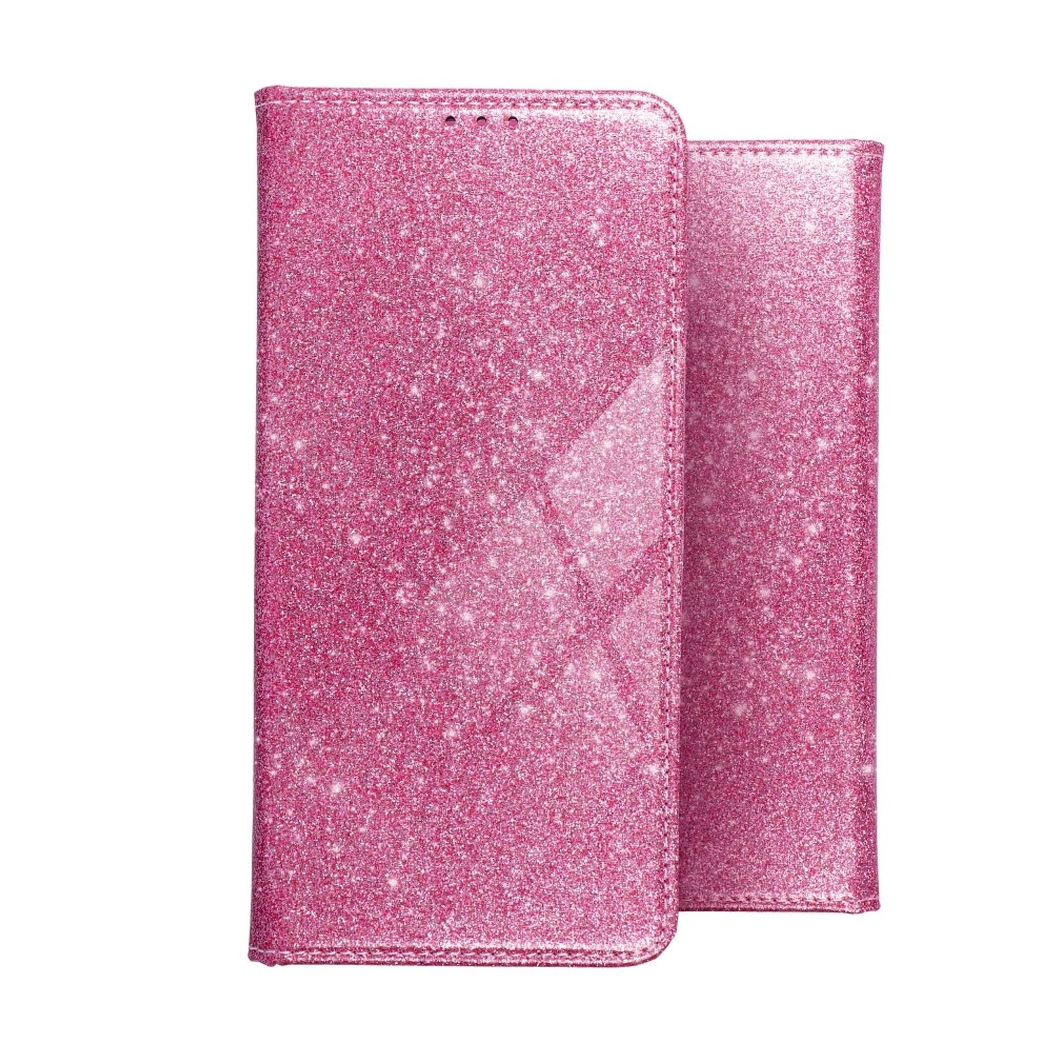 Pinke Glitzer-Handyhülle, geschlossen und offen. Glitzer und glänzendes Finish.