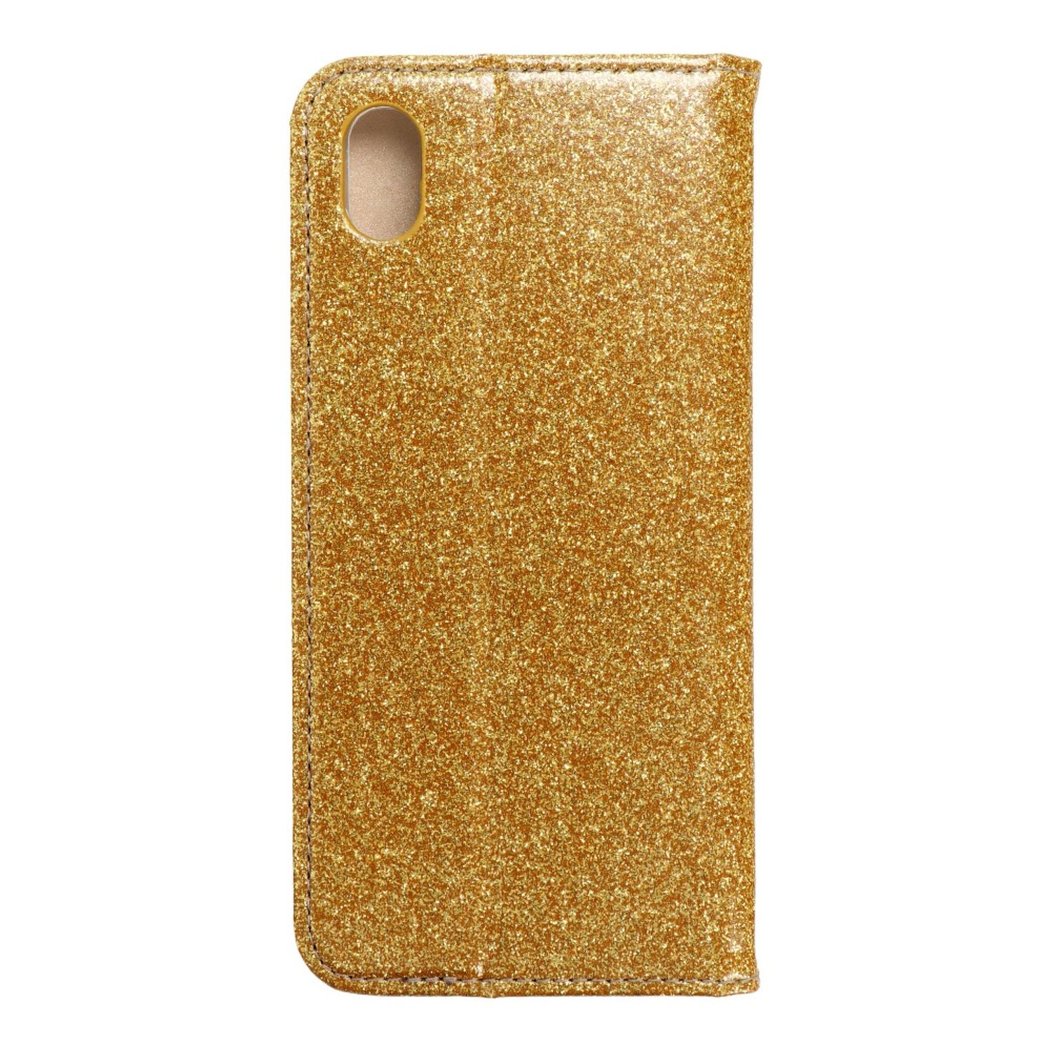 Goldene Glitzer-Handyhülle in Form eines Telefons.