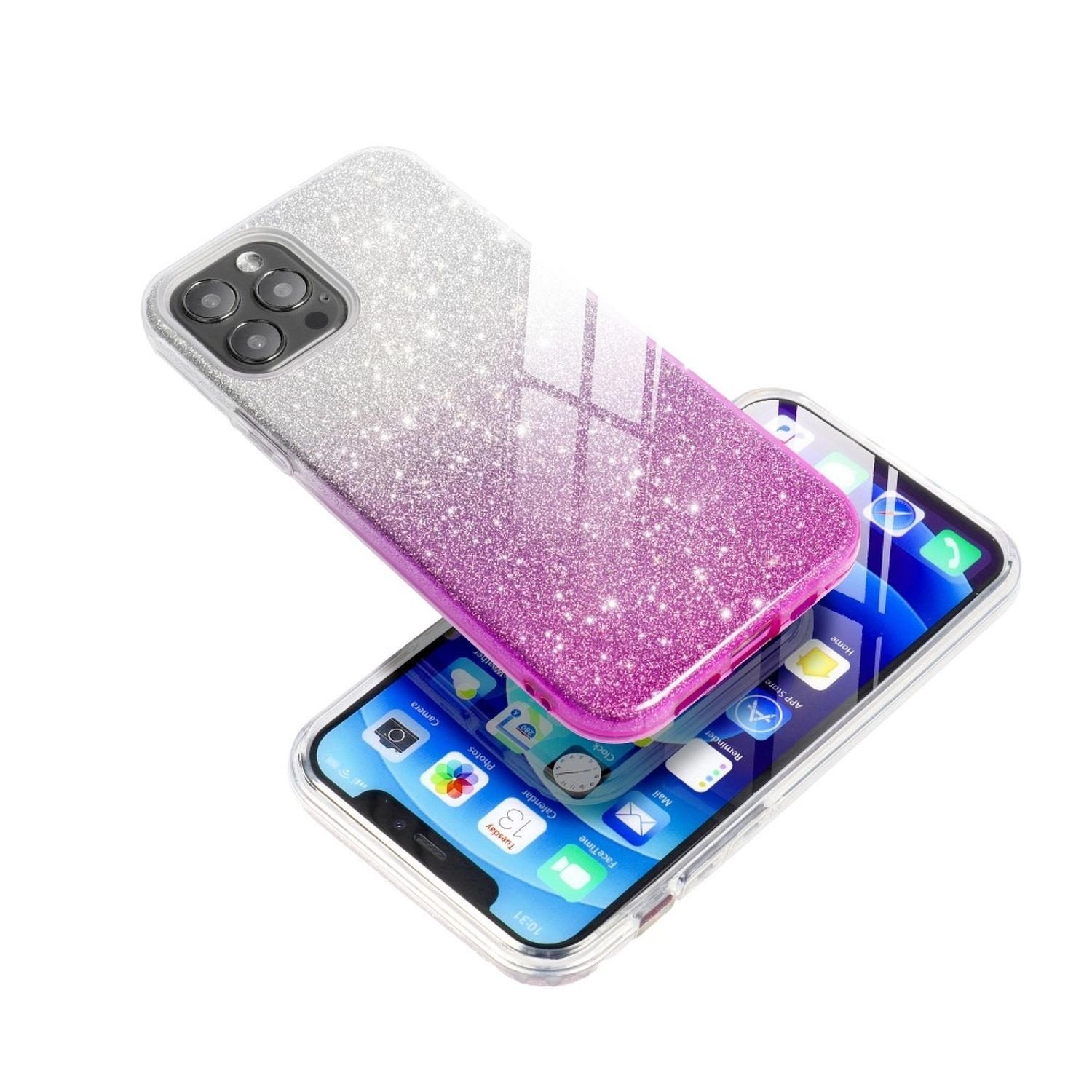 Ein Telefon in einer Hülle mit rosa bis silbernem Glitzerverlauf. Das Telefon liegt auf einem anderen.