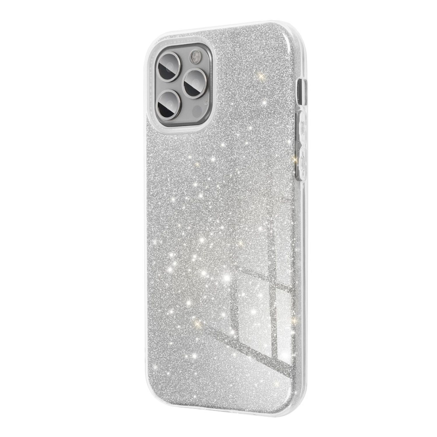 Eine glitzernde silberne Handyhülle mit drei Kameralinsen.