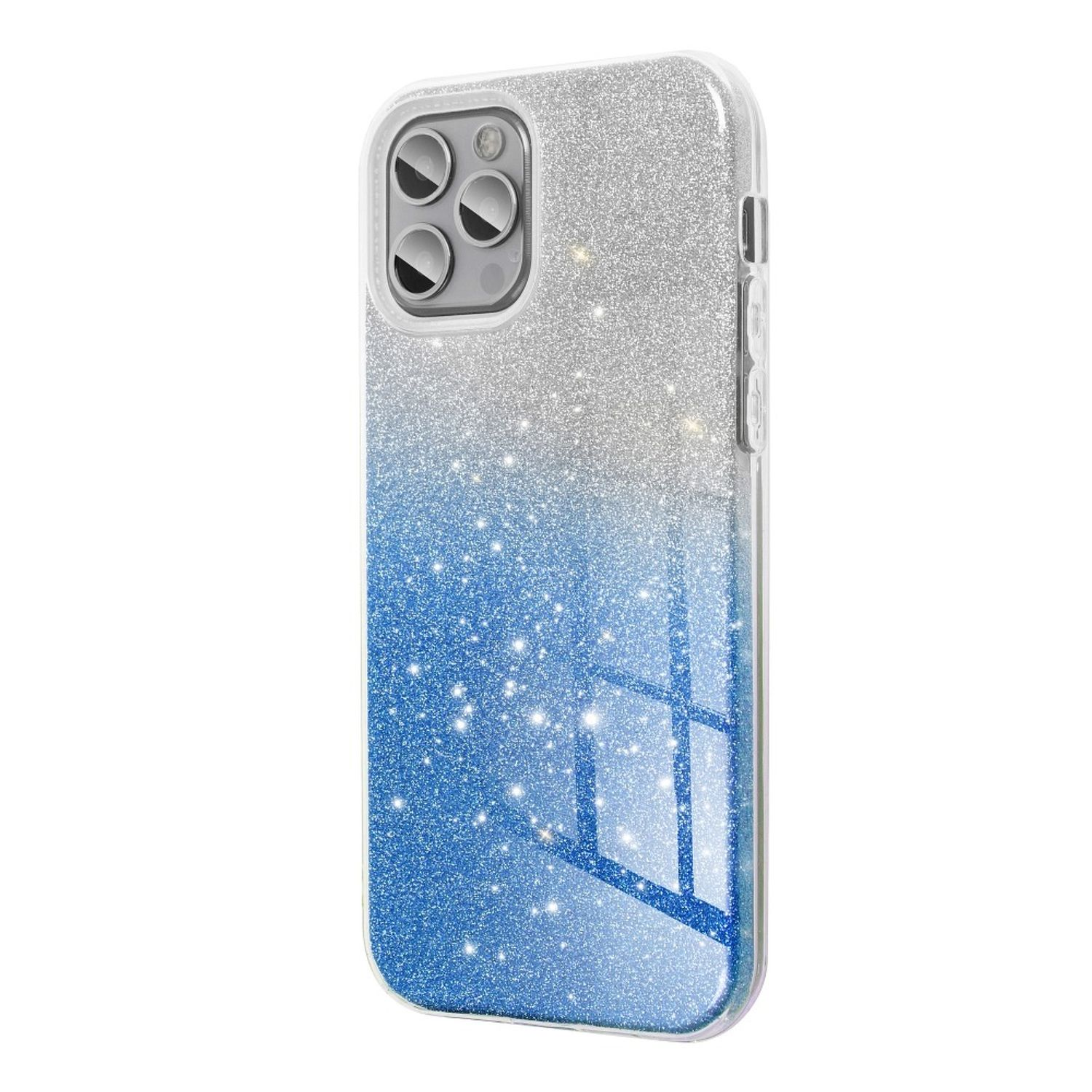 Handyhülle mit silbernem und blauem Glitzerverlauf. Die Hülle hat einen transparenten Rand und Kameraausschnitt.