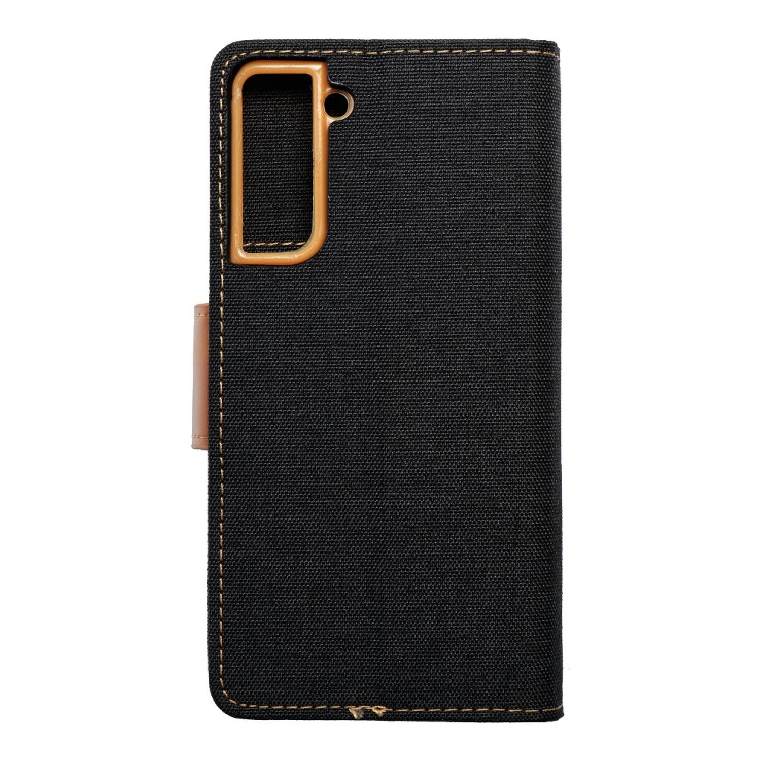Schwarze Handyhülle mit braunem Rahmen, schwarzes Canvas-Material.