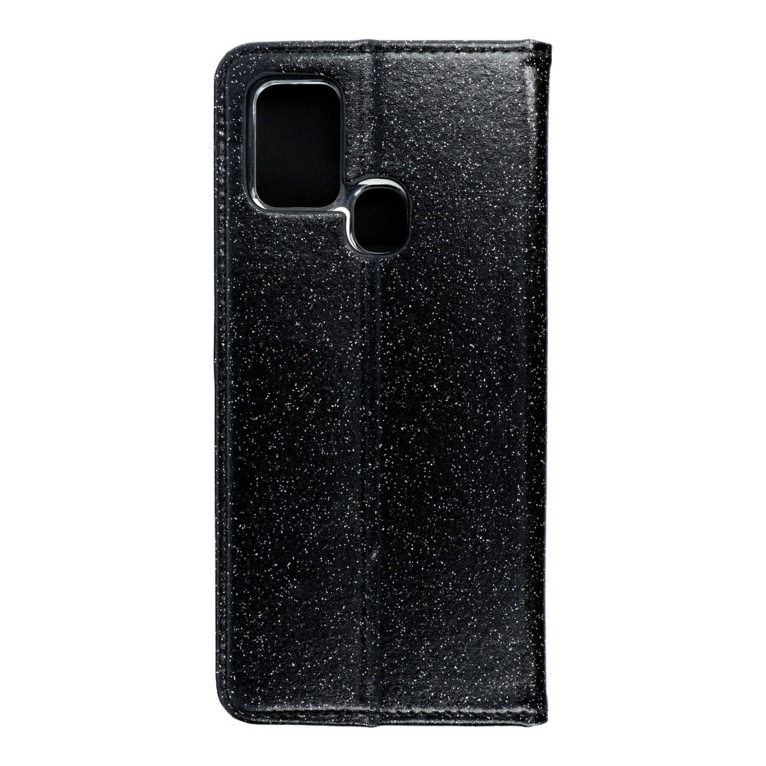 Eine schwarze glitzernde Handyhülle, offen, zeigt den Kameraausschnitt.