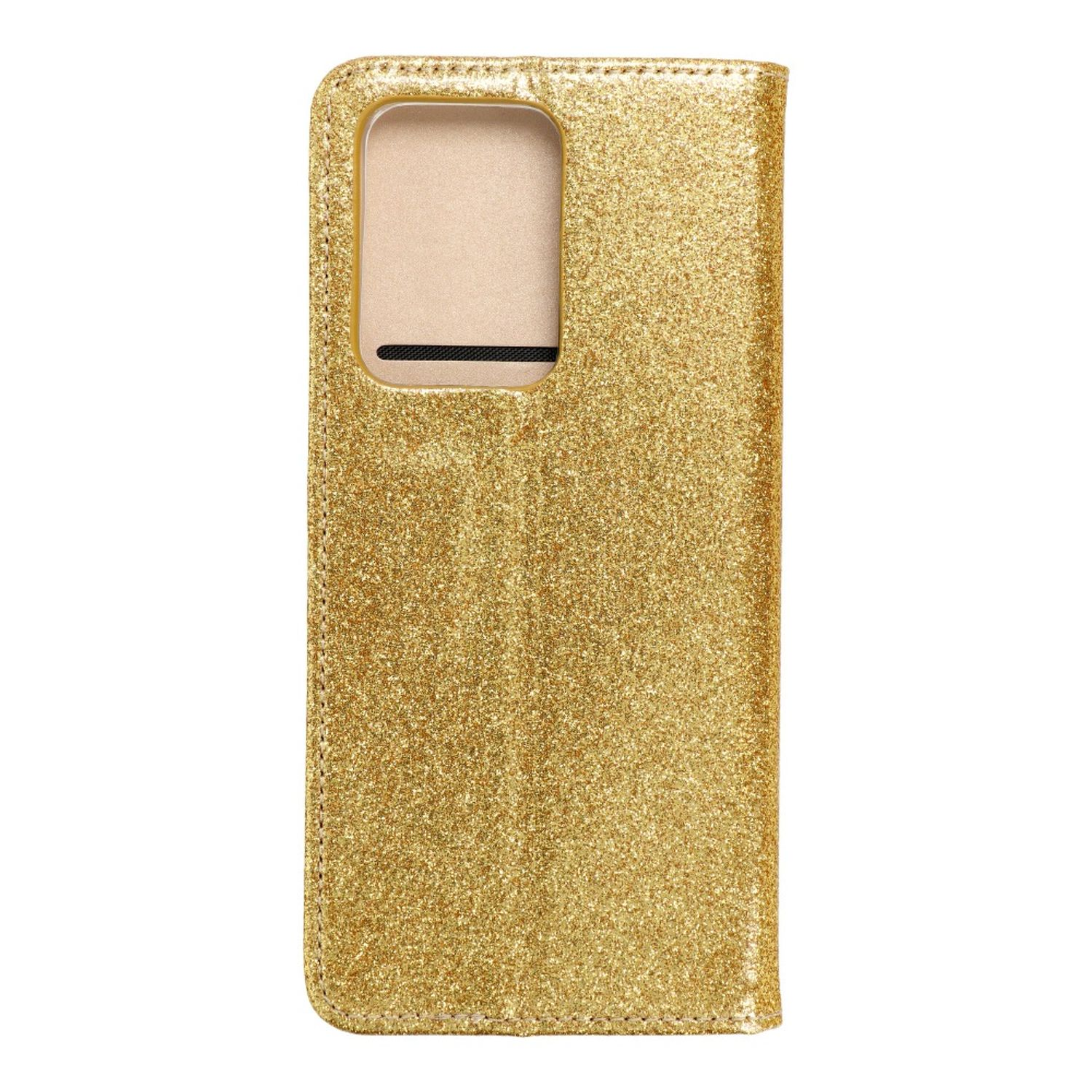 Goldglitzer-Handyhülle mit Kameraausschnitt. Nahaufnahme. Schwarzer Hintergrund.