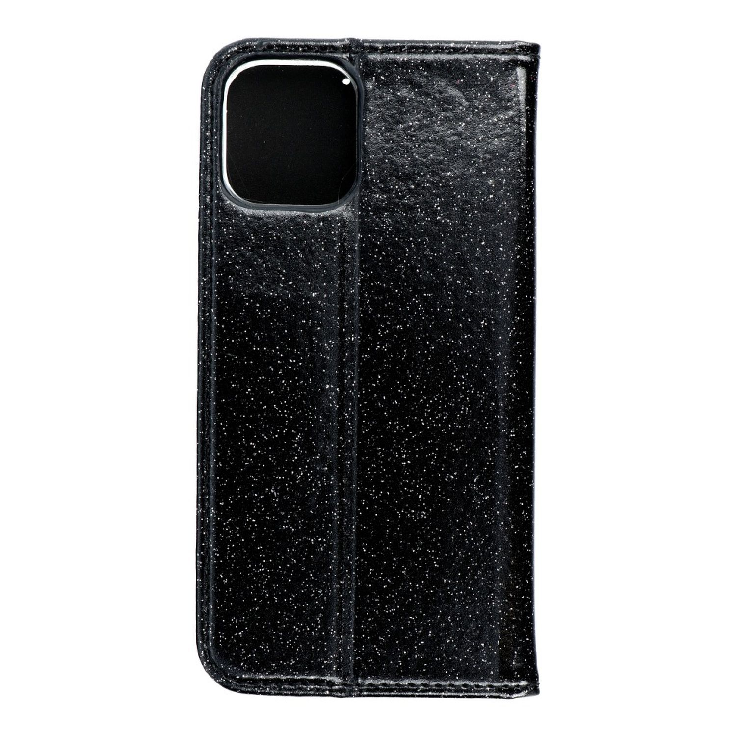 Schwarze Handyhülle mit glitzernder Textur. Die Hülle ist geschlossen und zeigt ein dunkles Inneres.
