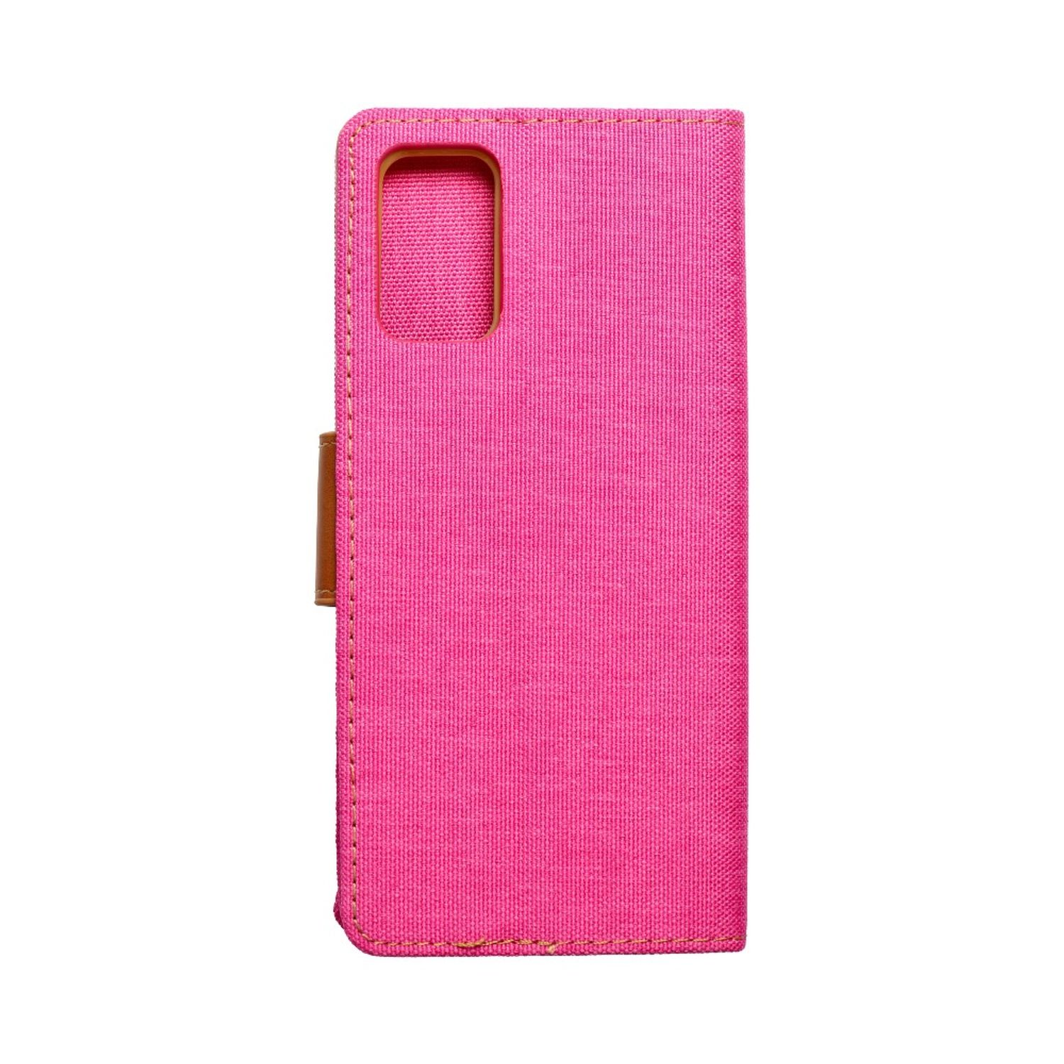 Eine pinkfarbene Handyhülle, geschlossen, mit einem braunen Verschluss, steht auf weißem Hintergrund.